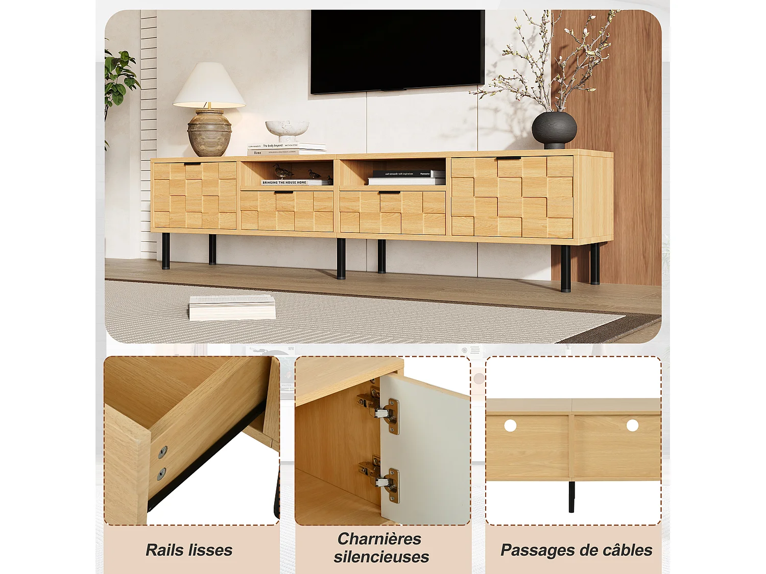 Meuble TV 200 x 35 x 44,5 cm - 2 portes - 2 tiroirs - 2 niches ouvertes - panneaux de particules et MDF - bois naturel