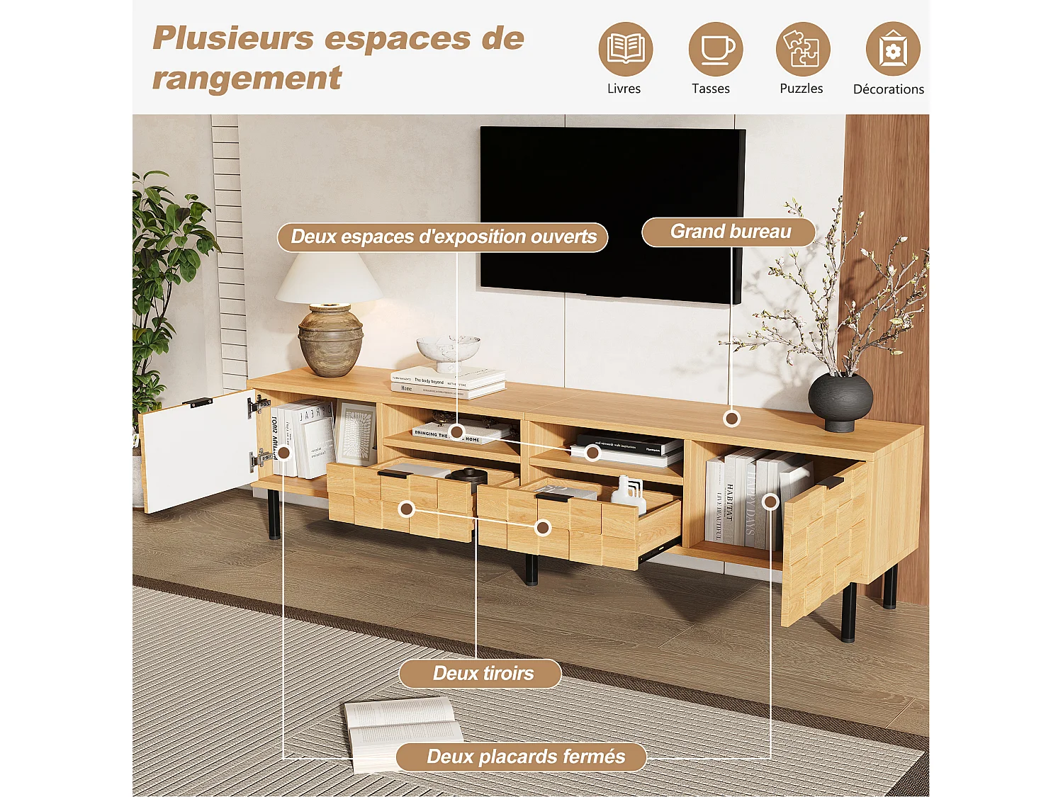 Meuble TV 200 x 35 x 44,5 cm - 2 portes - 2 tiroirs - 2 niches ouvertes - panneaux de particules et MDF - bois naturel