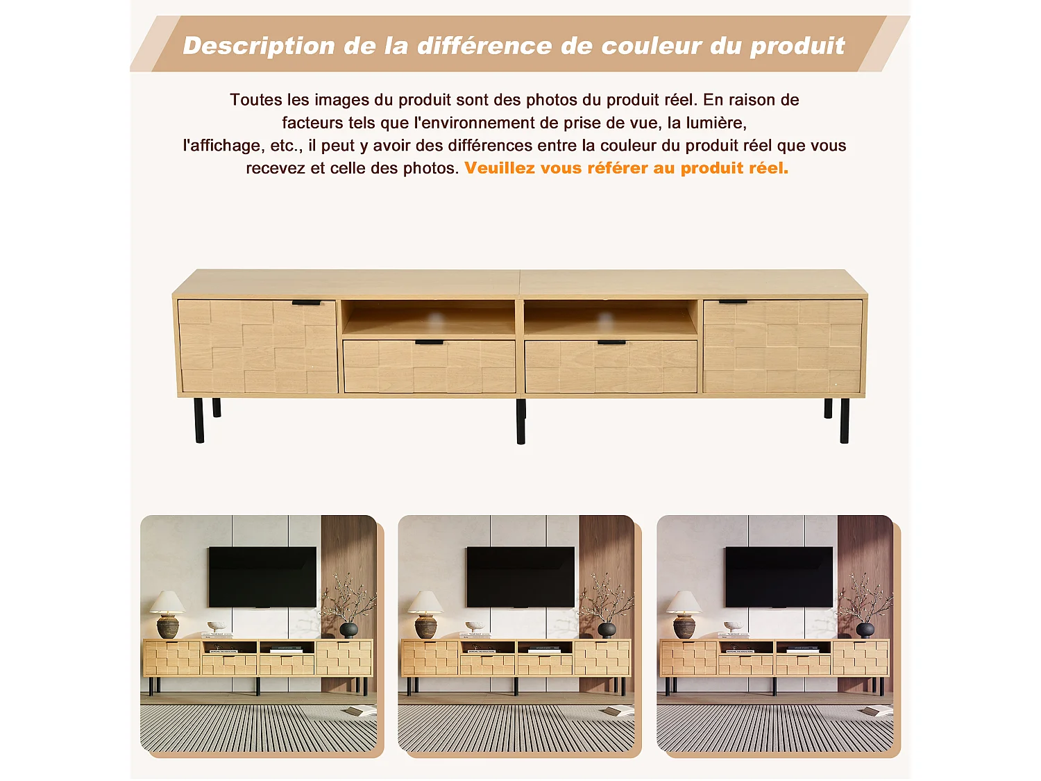 Meuble TV 200 x 35 x 44,5 cm - 2 portes - 2 tiroirs - 2 niches ouvertes - panneaux de particules et MDF - bois naturel