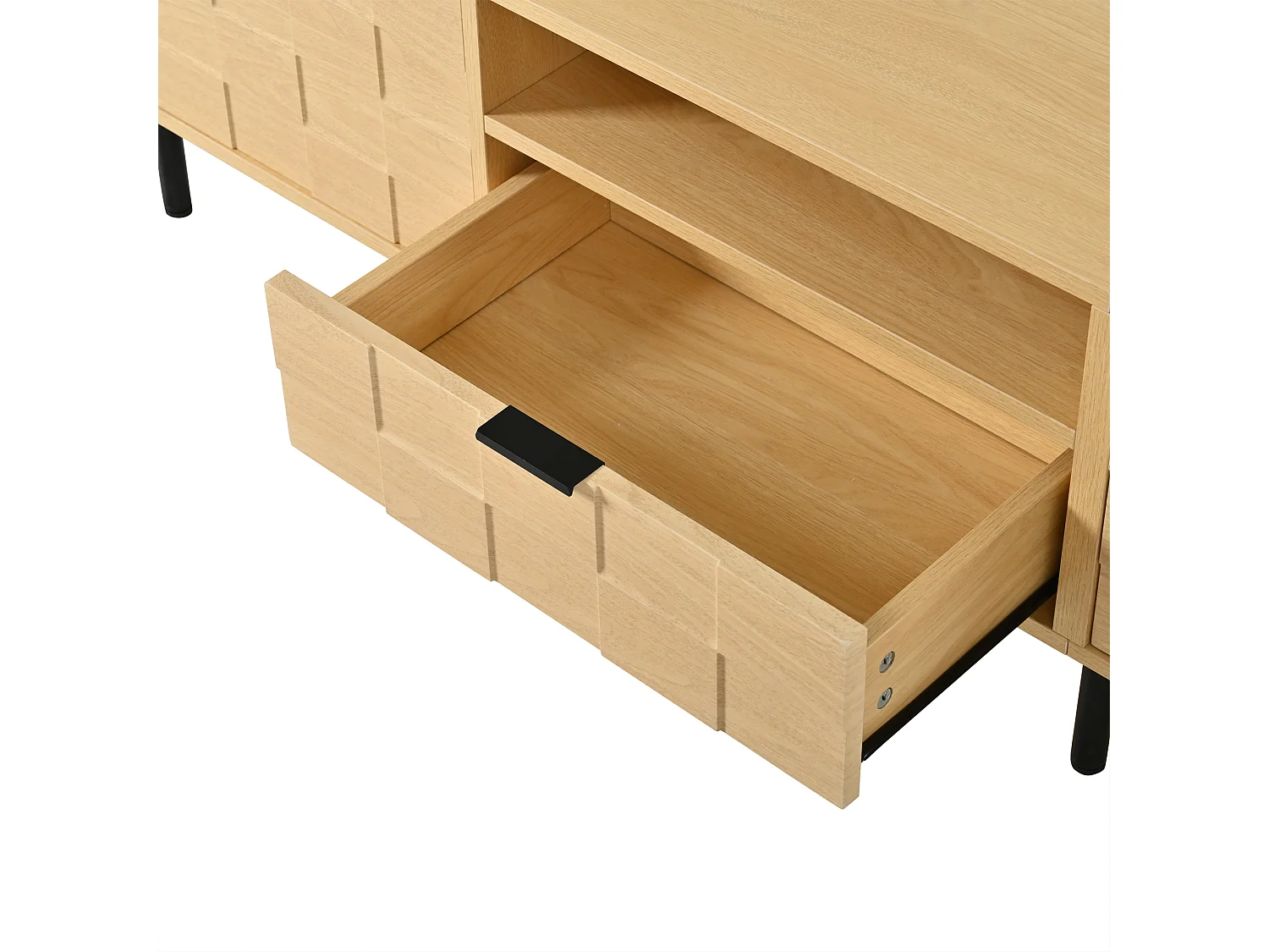 Meuble TV 200 x 35 x 44,5 cm - 2 portes - 2 tiroirs - 2 niches ouvertes - panneaux de particules et MDF - bois naturel