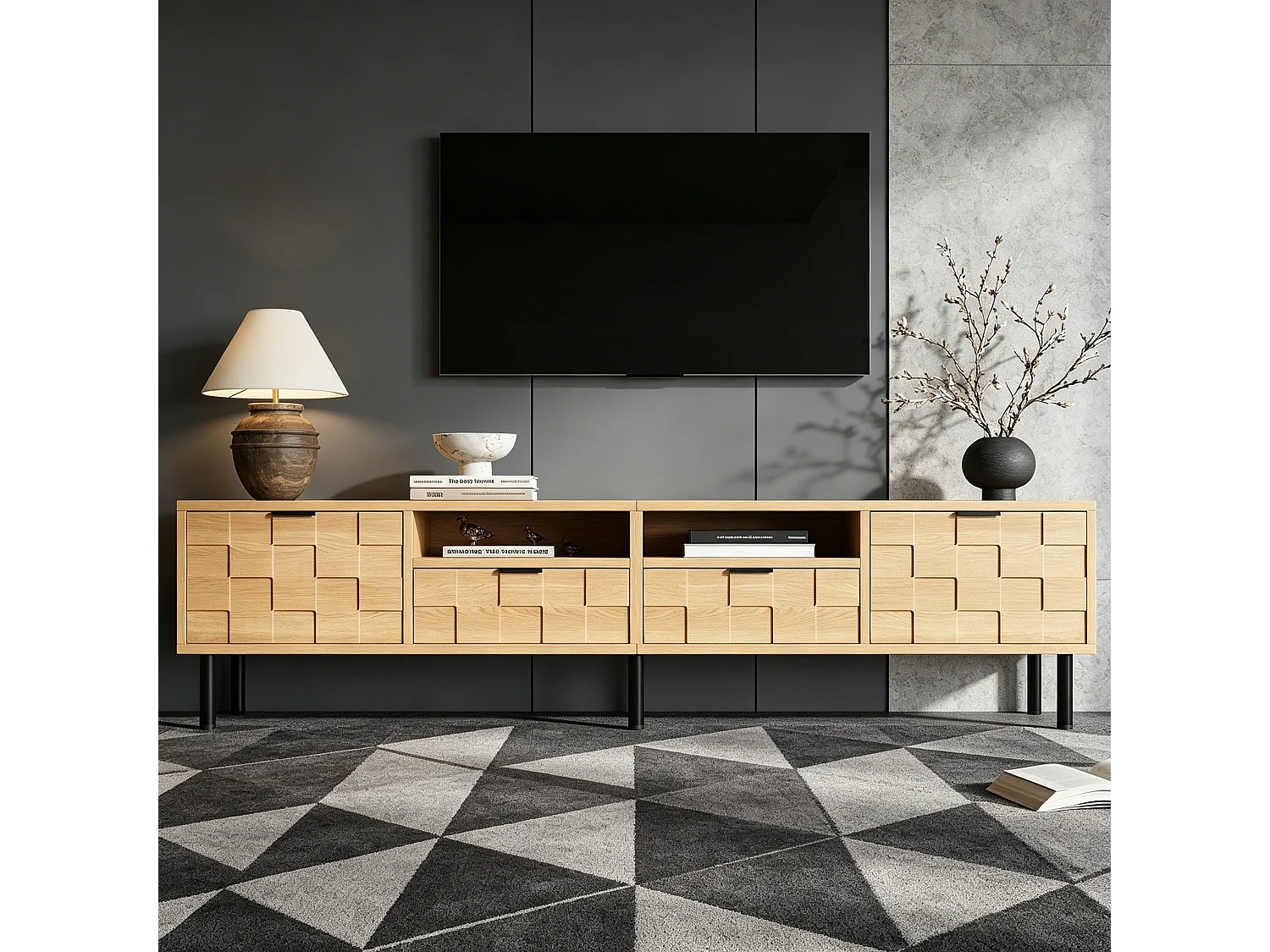 Meuble TV 200 x 35 x 44,5 cm - 2 portes - 2 tiroirs - 2 niches ouvertes - panneaux de particules et MDF - bois naturel