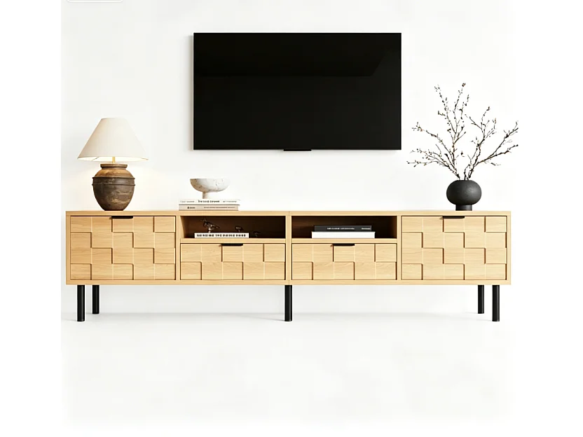 Meuble TV 200 x 35 x 44,5 cm - 2 portes - 2 tiroirs - 2 niches ouvertes - panneaux de particules et MDF - bois naturel