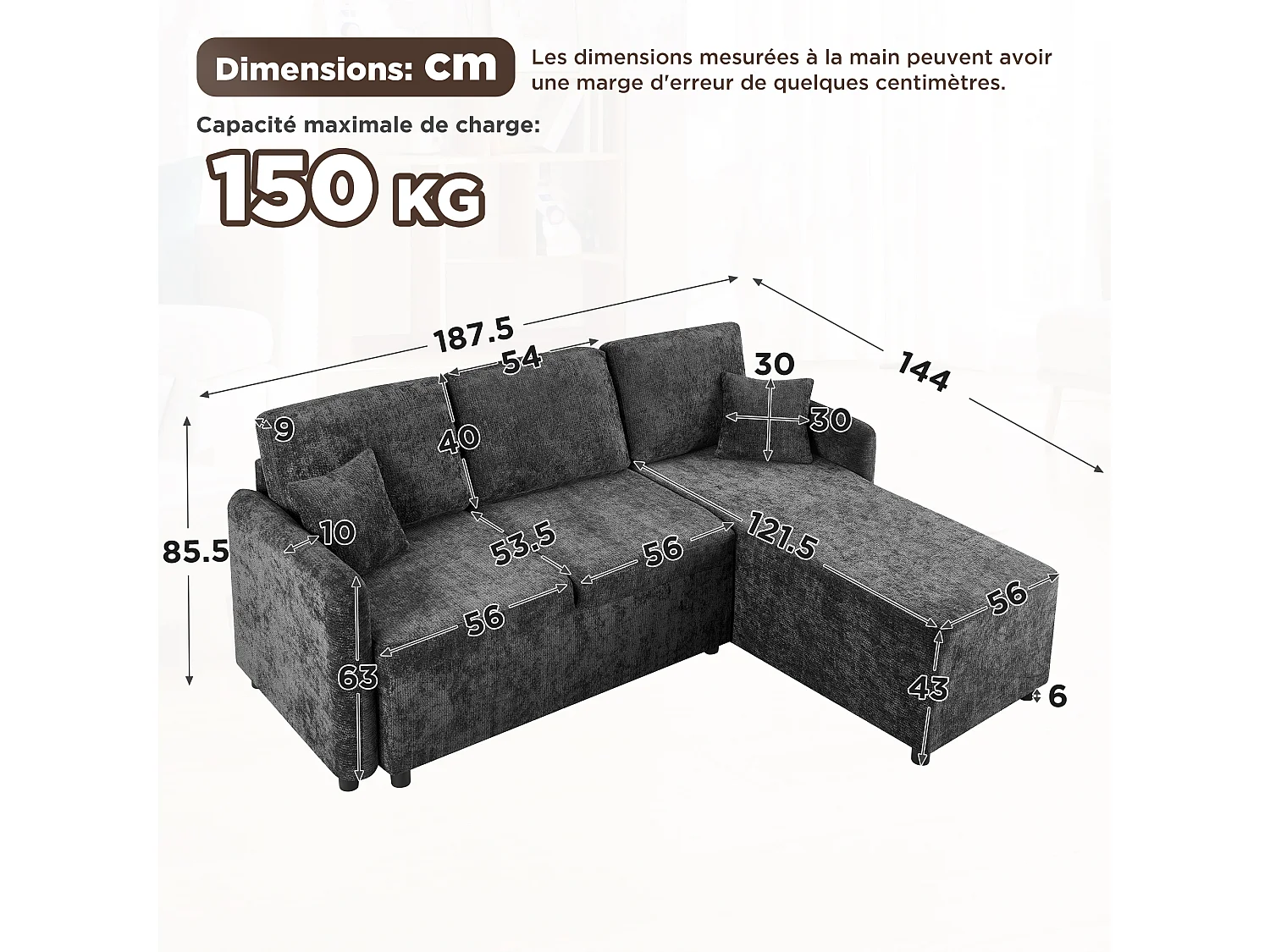 Canapé d’angle 3 places 187,5x143,8x85,5 cm, méridienne, 2 coussins, mousse haute densité, chenille, noir