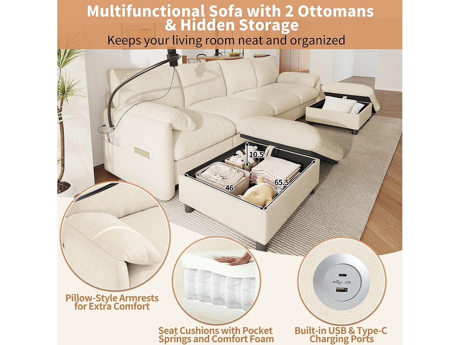Canapé d’angle modulable 6 places en U ou L 273,5x133x81 cm, 2 poufs coffres, USB-C, support téléphone, chenille, Beige