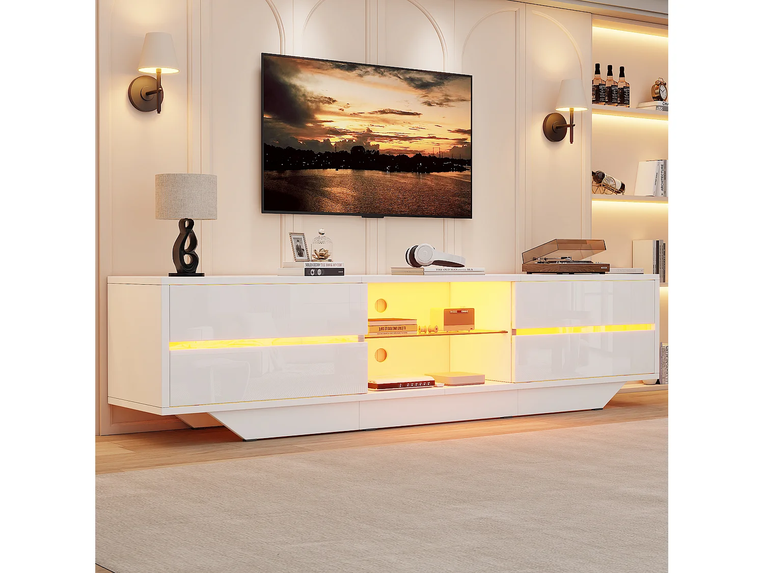 Meuble TV bas 160x35x44,5 cm, 2 portes, éclairage LED, finition brillante, pour TV jusqu’à 65 pouces, panneaux de particules blanc