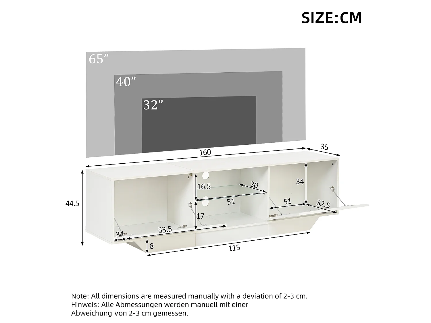 Meuble TV bas 160x35x44,5 cm, 2 portes, éclairage LED, finition brillante, pour TV jusqu’à 65 pouces, panneaux de particules blanc