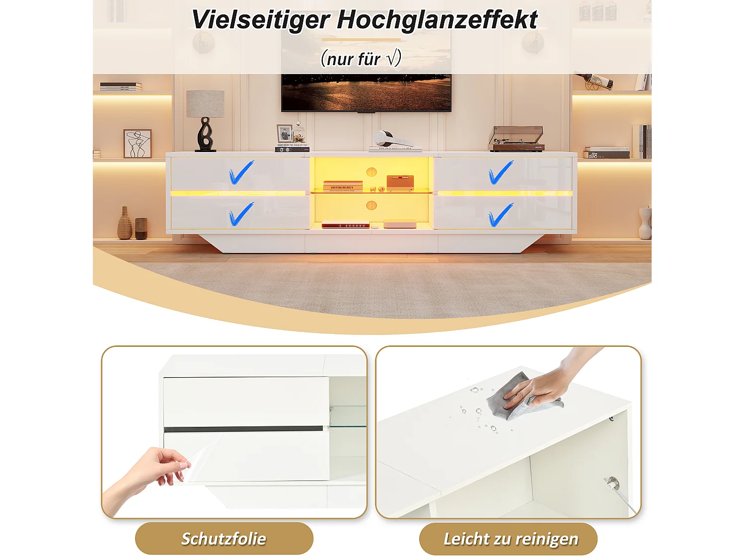 Meuble TV bas 160x35x44,5 cm, 2 portes, éclairage LED, finition brillante, pour TV jusqu’à 65 pouces, panneaux de particules blanc