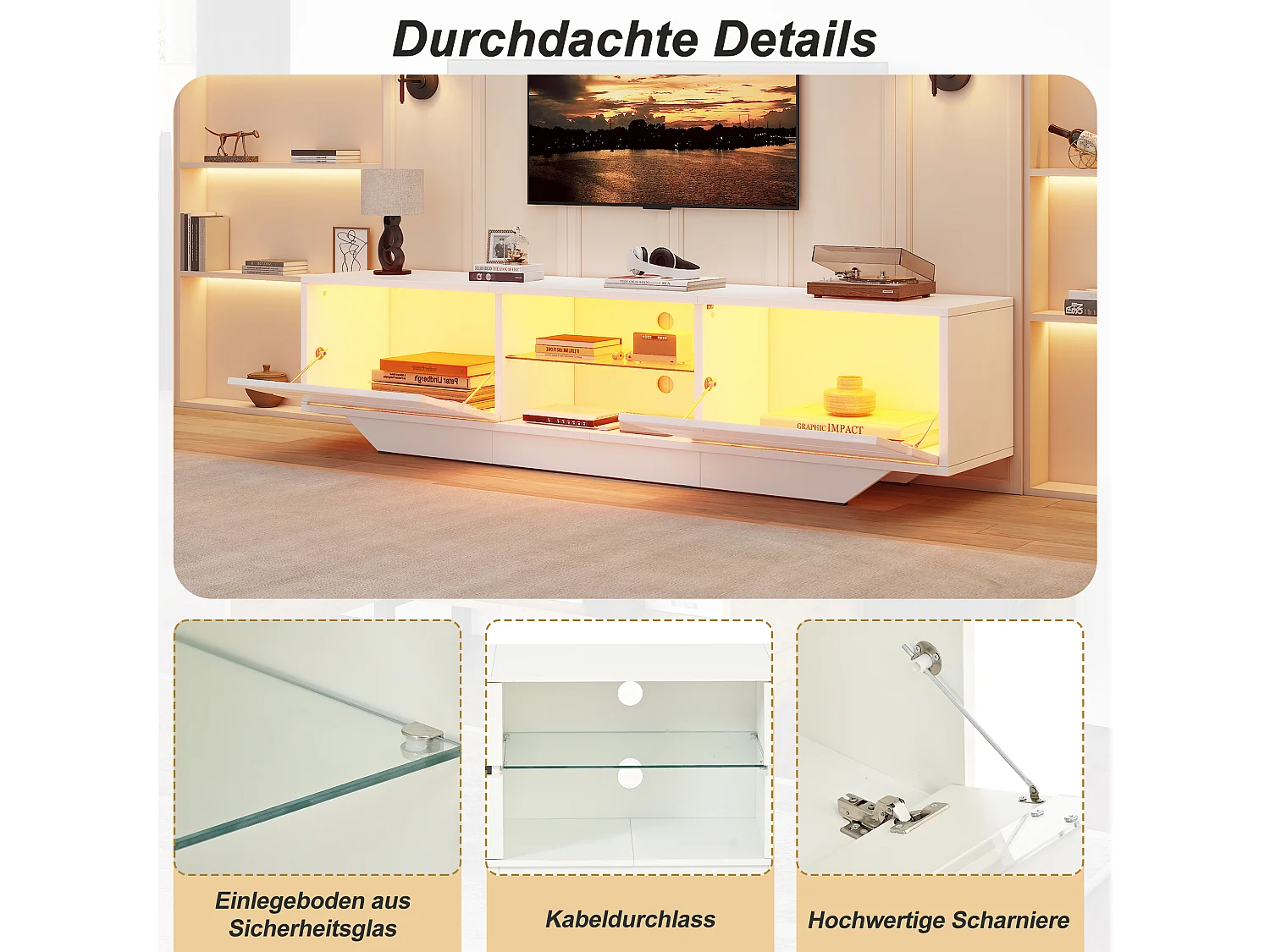 Meuble TV bas 160x35x44,5 cm, 2 portes, éclairage LED, finition brillante, pour TV jusqu’à 65 pouces, panneaux de particules blanc