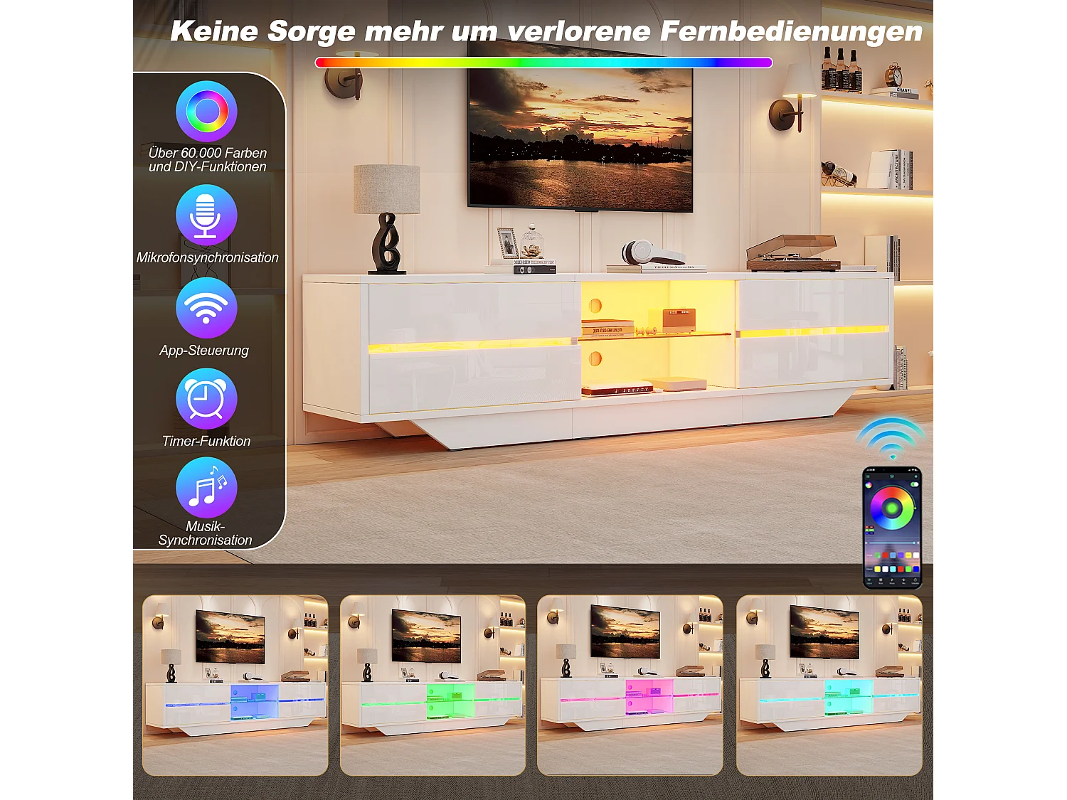 Meuble TV bas 160x35x44,5 cm, 2 portes, éclairage LED, finition brillante, pour TV jusqu’à 65 pouces, panneaux de particules blanc