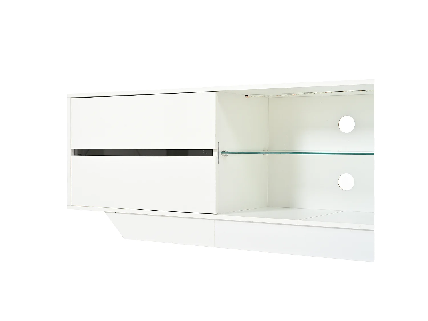 Meuble TV bas 160x35x44,5 cm, 2 portes, éclairage LED, finition brillante, pour TV jusqu’à 65 pouces, panneaux de particules blanc