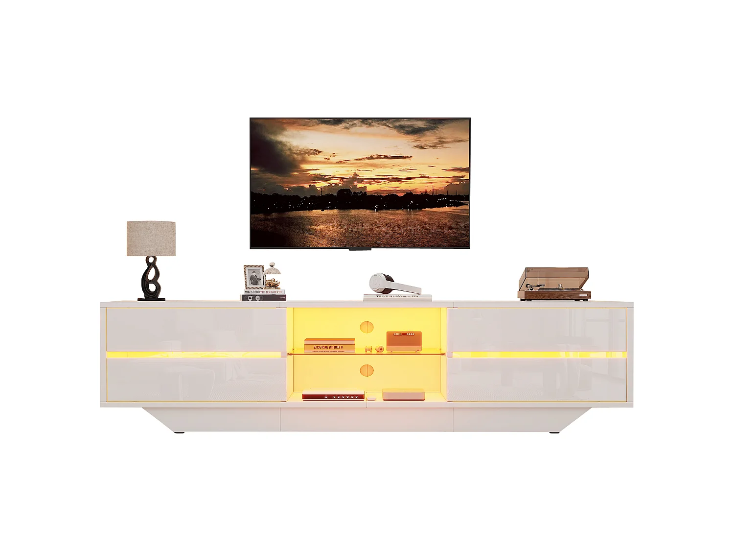 Meuble TV bas 160x35x44,5 cm, 2 portes, éclairage LED, finition brillante, pour TV jusqu’à 65 pouces, panneaux de particules blanc
