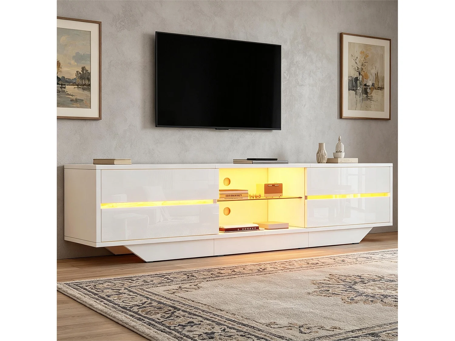 Meuble TV bas 160x35x44,5 cm, 2 portes, éclairage LED, finition brillante, pour TV jusqu’à 65 pouces, panneaux de particules blanc