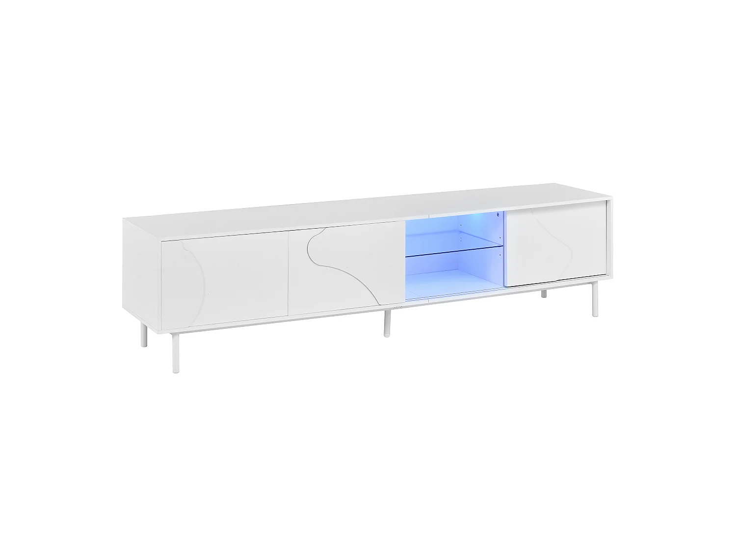 Meuble TV 180 x 40 x 45 cm - 3 portes coulissantes - LED via application - étagère verre trempé - MDF blanc