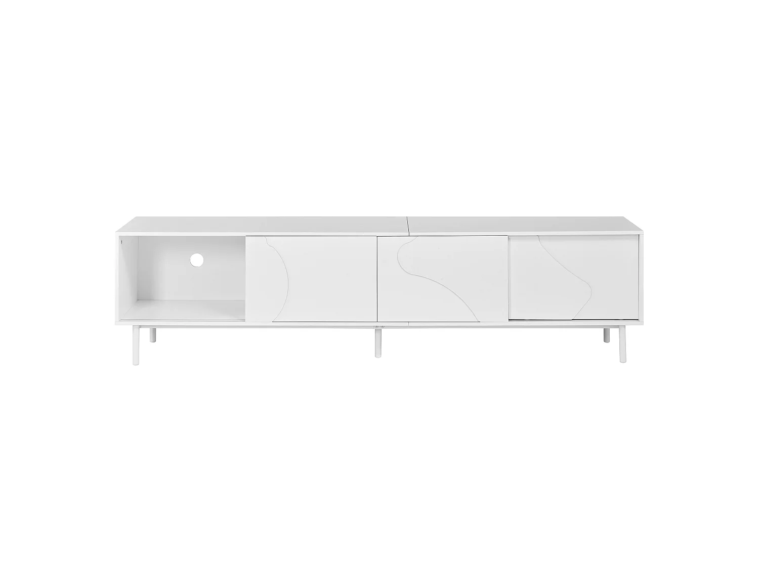 Meuble TV 180 x 40 x 45 cm - 3 portes coulissantes - LED via application - étagère verre trempé - MDF blanc