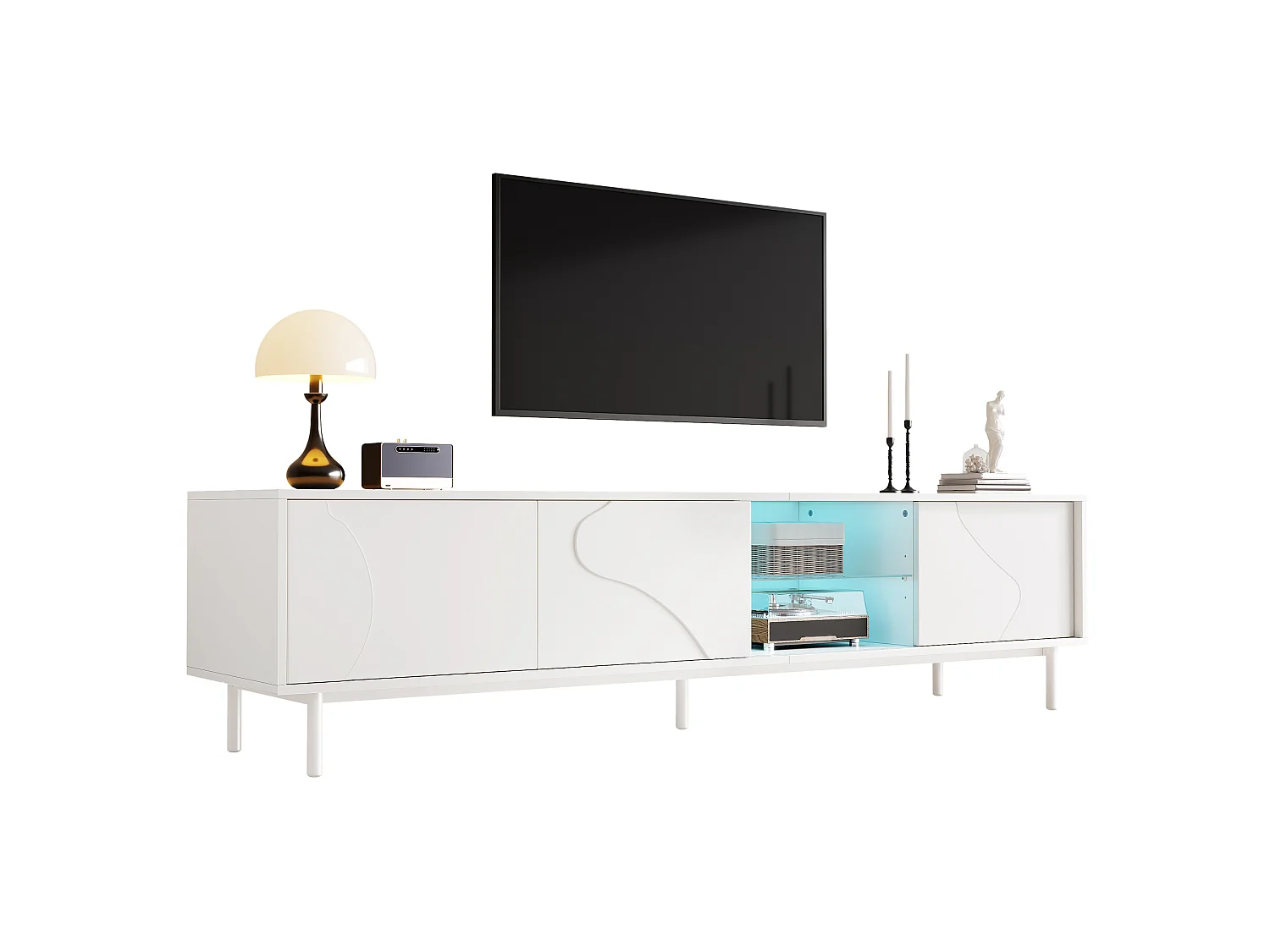 Meuble TV 180 x 40 x 45 cm - 3 portes coulissantes - LED via application - étagère verre trempé - MDF blanc