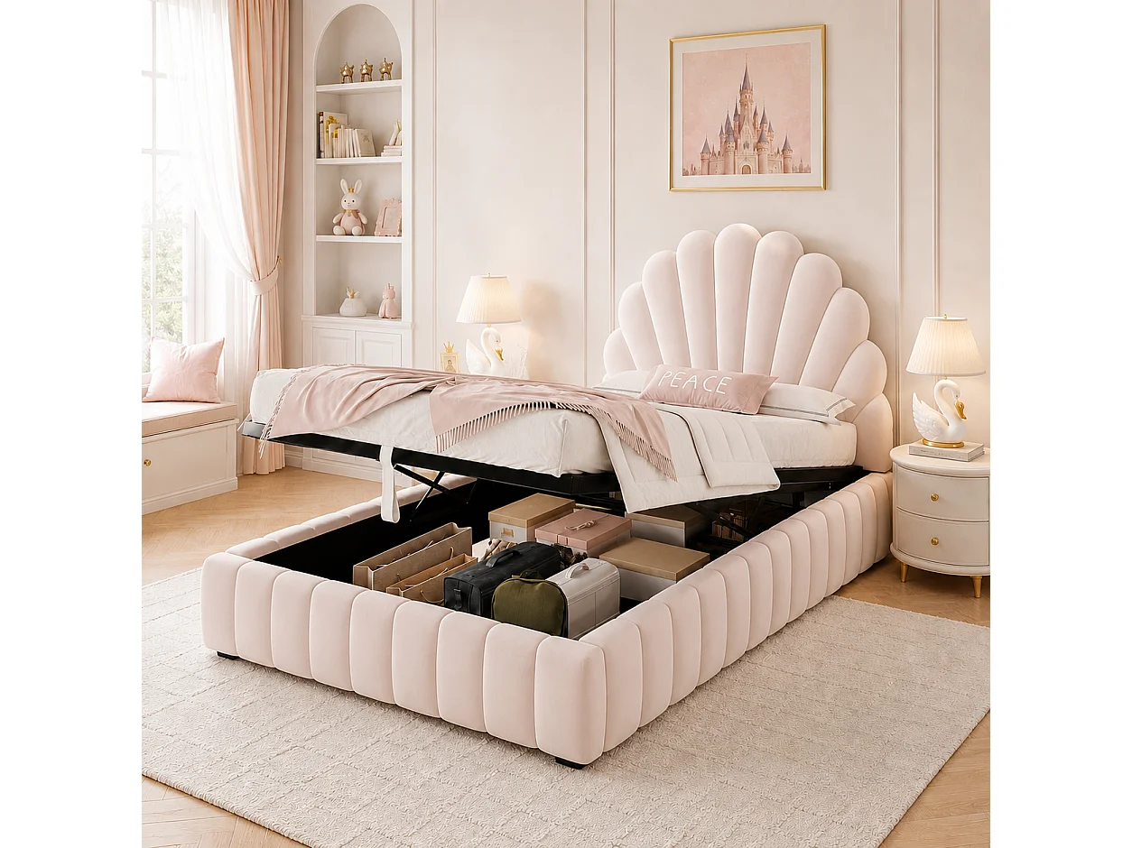 Lit coffre enfant 90x200 cm Lit simple avec coffre hydraulique, grand rangement, tissu velours rose