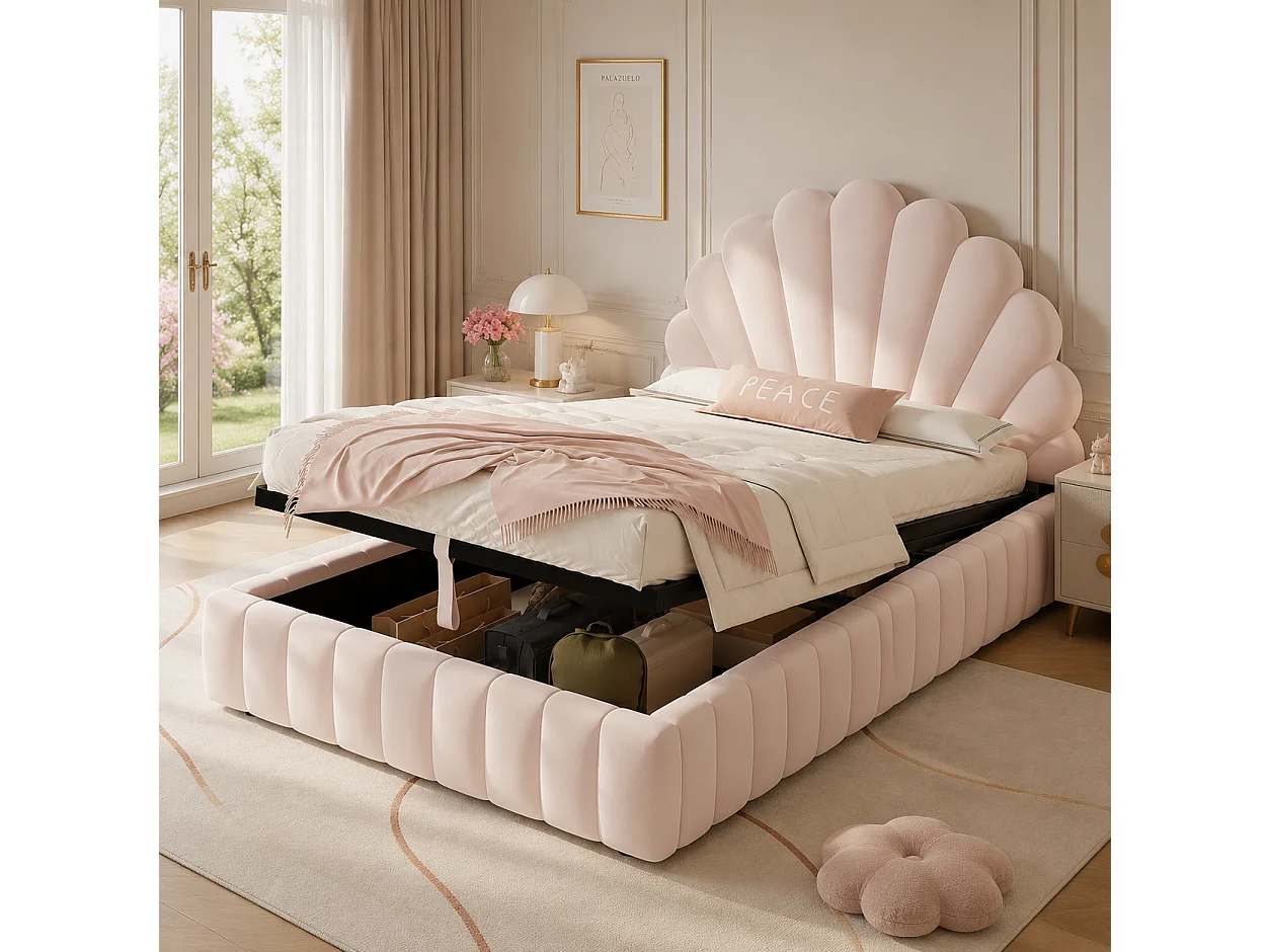 Lit coffre enfant 90x200 cm Lit simple avec coffre hydraulique, grand rangement, tissu velours rose