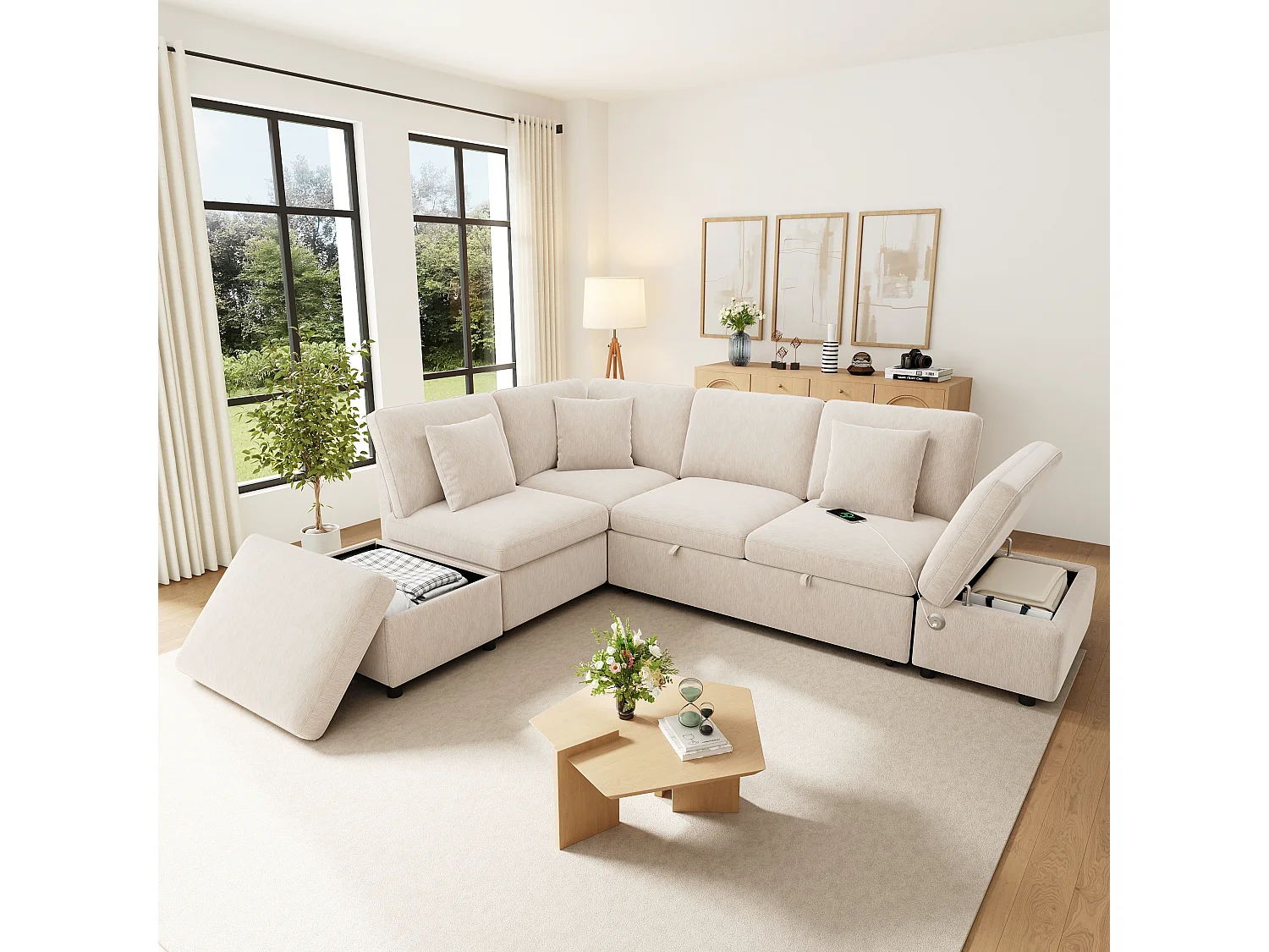 Canapé d’angle convertible 6 places 247.5x172x87 cm,méridienne réversible, USB-C,chenille, beige
