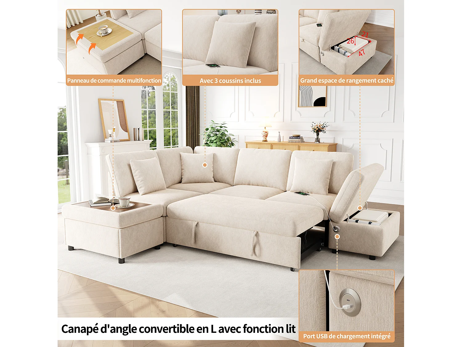 Canapé d’angle convertible 6 places 247.5x172x87 cm,méridienne réversible, USB-C,chenille, beige