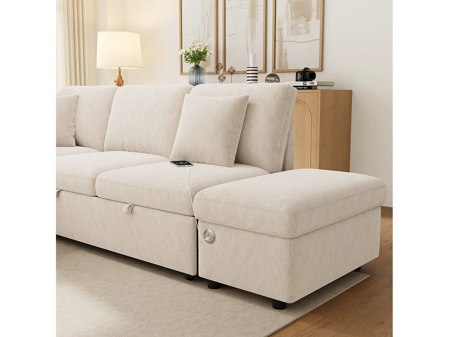 Canapé d’angle convertible 6 places 247.5x172x87 cm,méridienne réversible, USB-C,chenille, beige