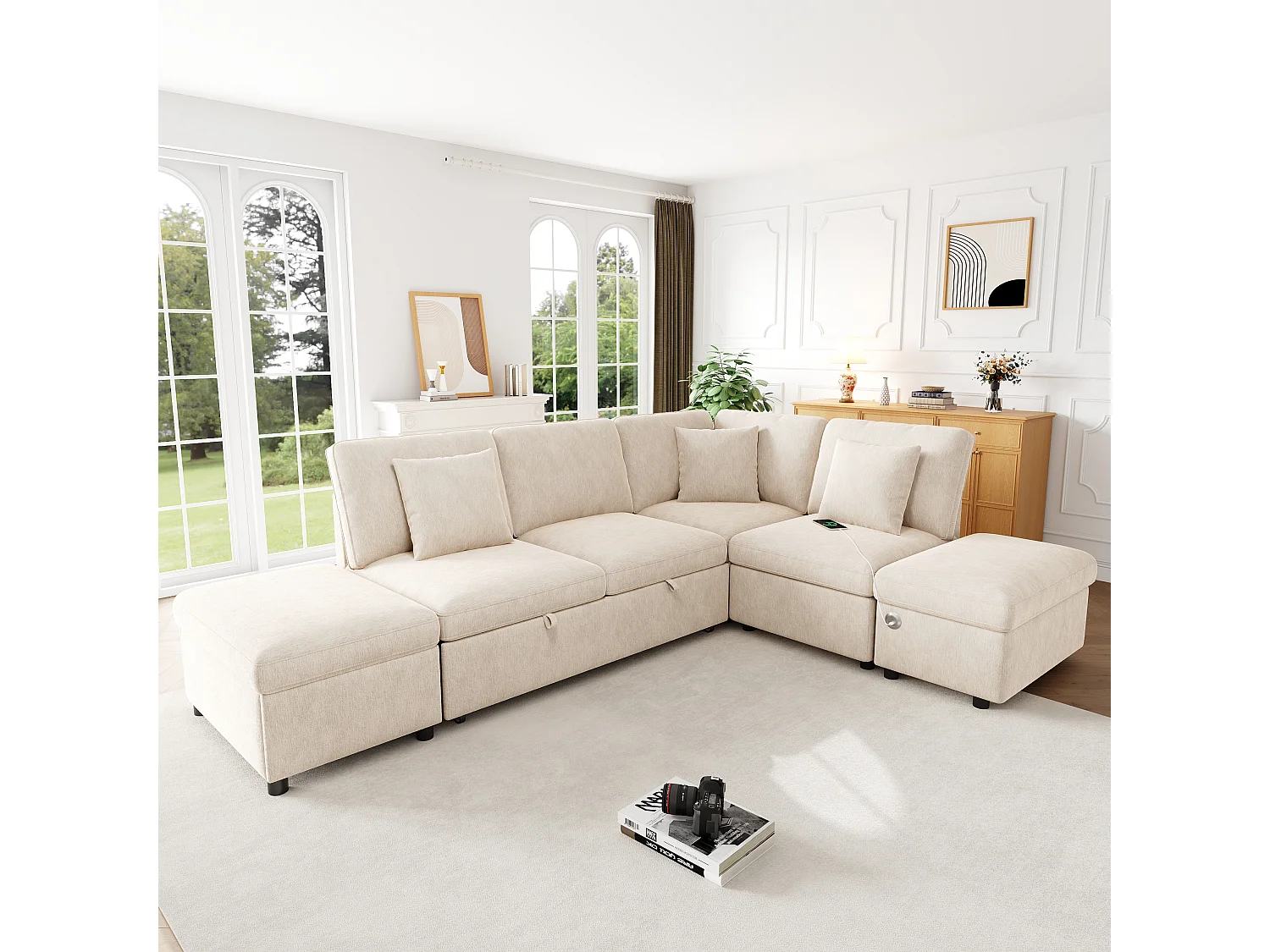 Canapé d’angle convertible 6 places 247.5x172x87 cm,méridienne réversible, USB-C,chenille, beige