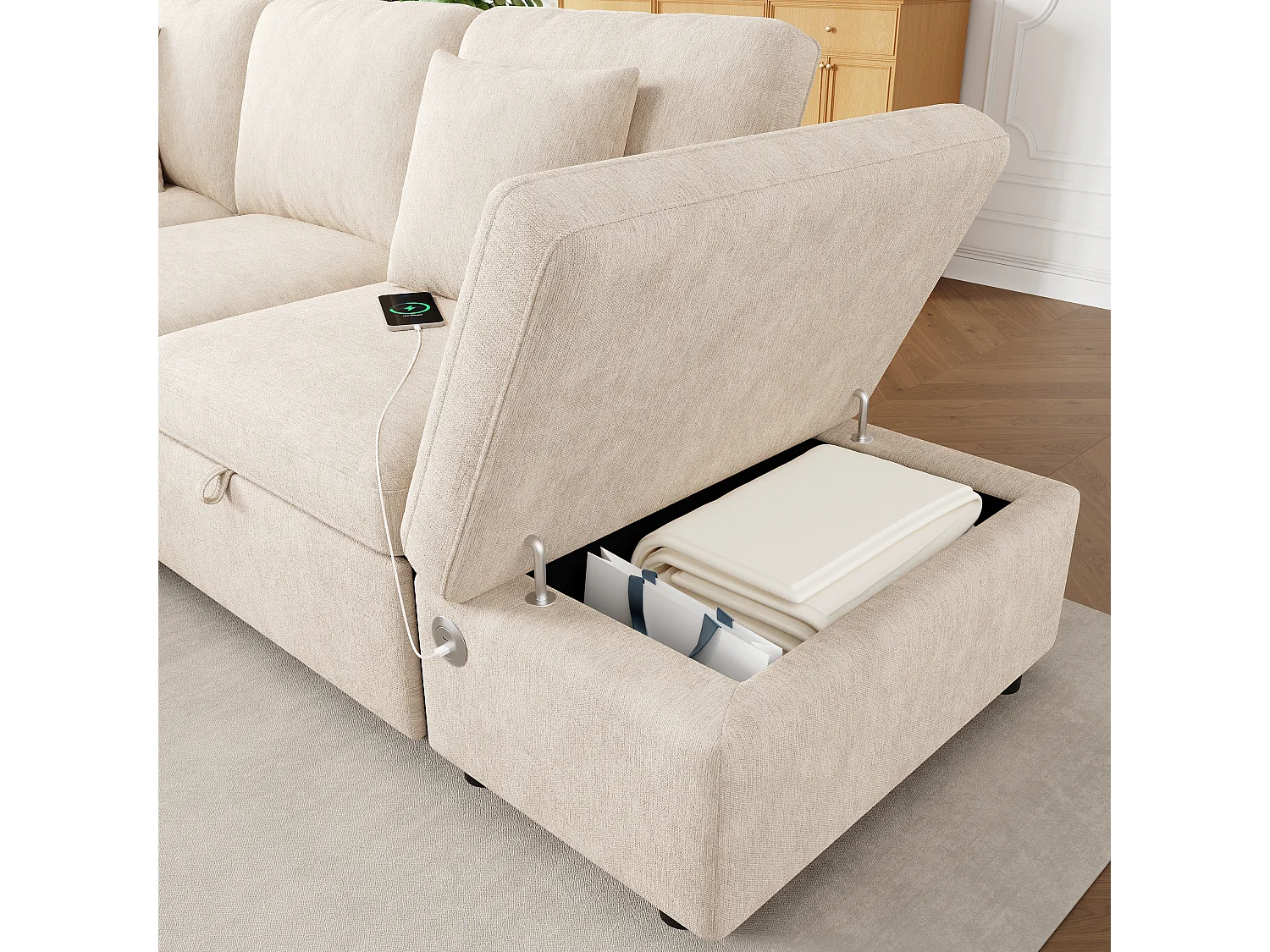 Canapé d’angle convertible 6 places 247.5x172x87 cm,méridienne réversible, USB-C,chenille, beige