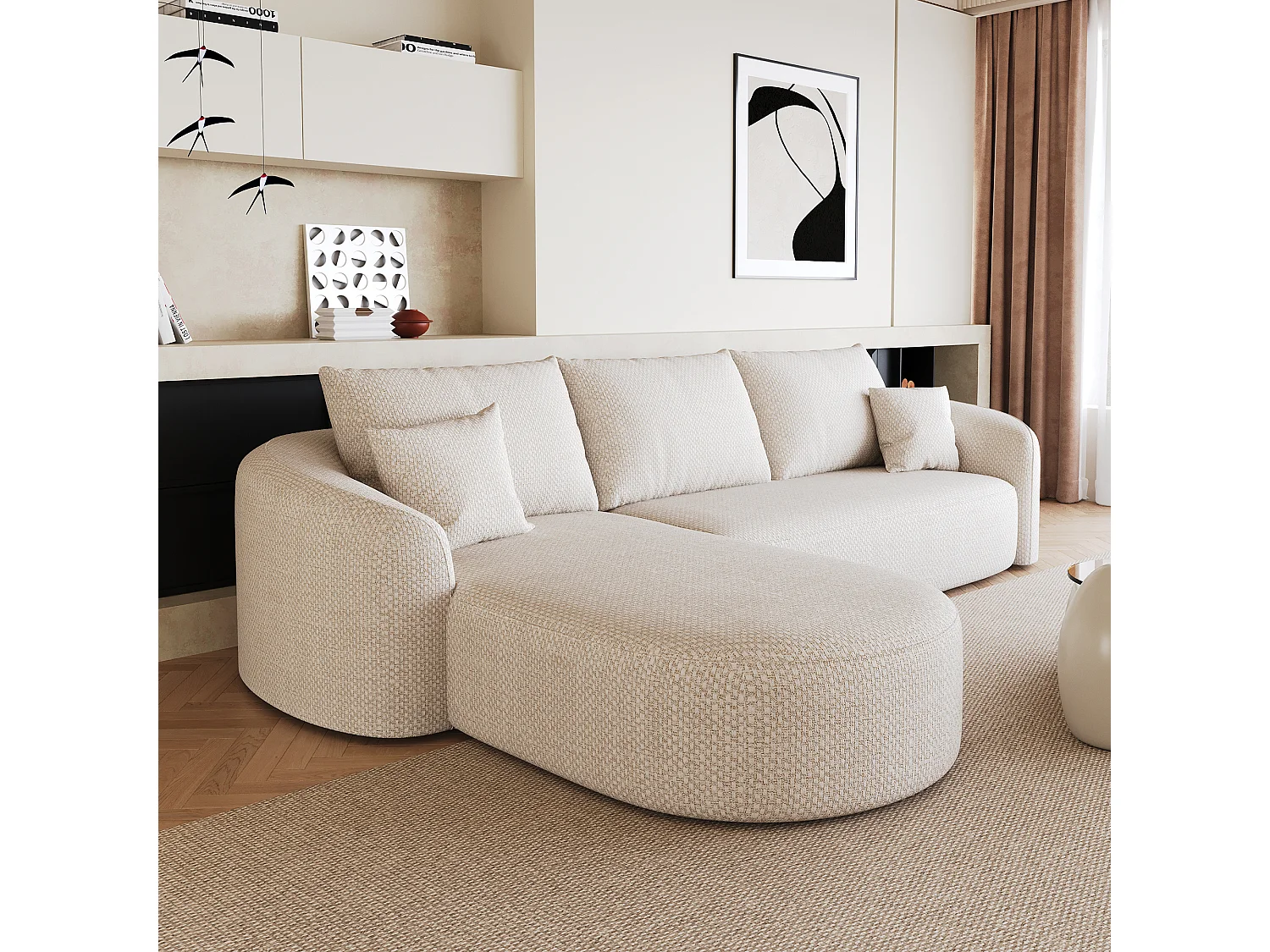 Canapé d’angle fixe 4 places 266x168 cm, canapé sans montage avec méridienne gauche, mousse, tissu chenille blanc