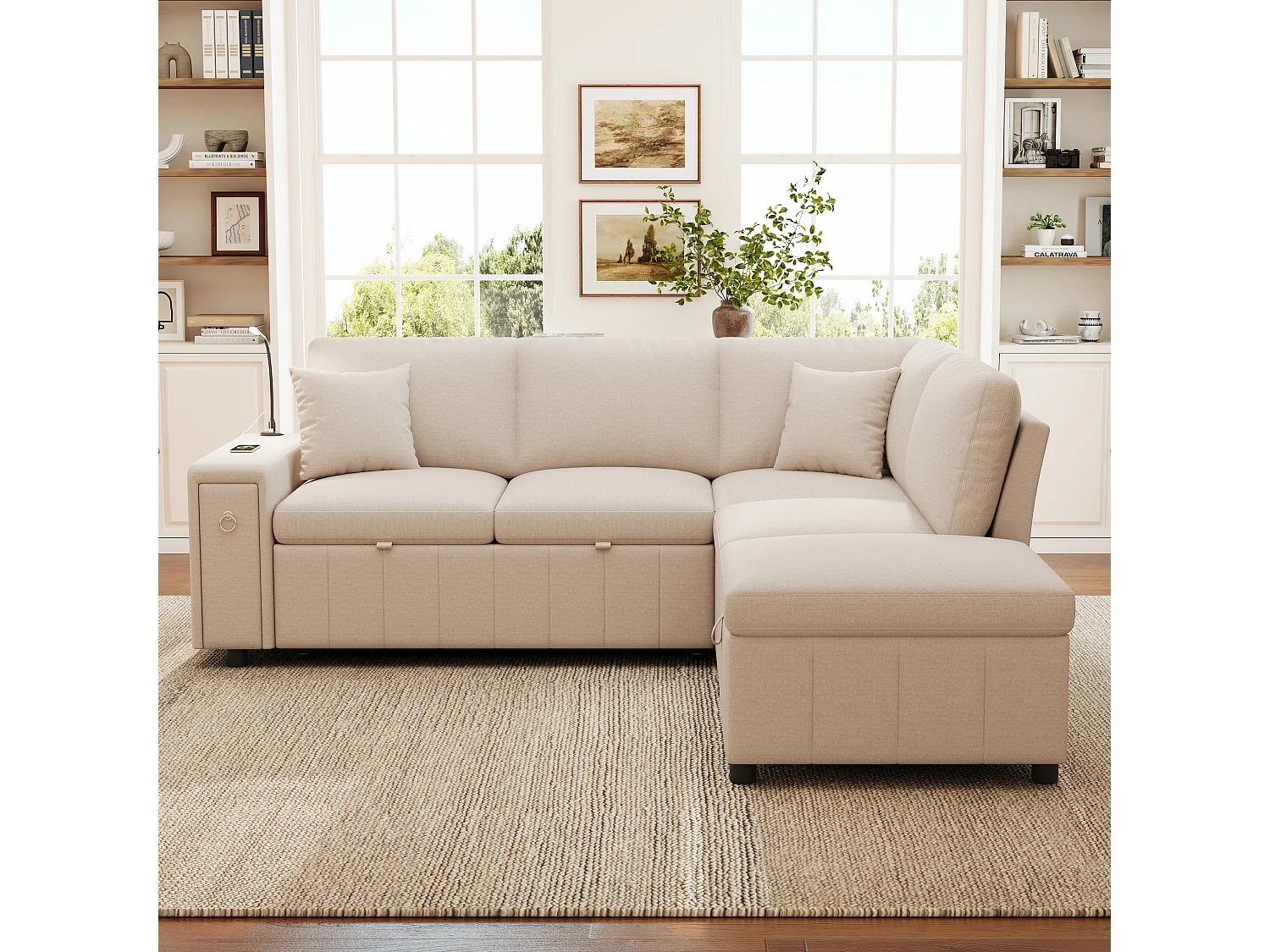 Canapé d’angle 5 places convertible en L, 213 x 184 x 88 cm, canapé-lit, pouf coffre, table pliante, USB-C, liseuse, 2 coussins, lin, Beige