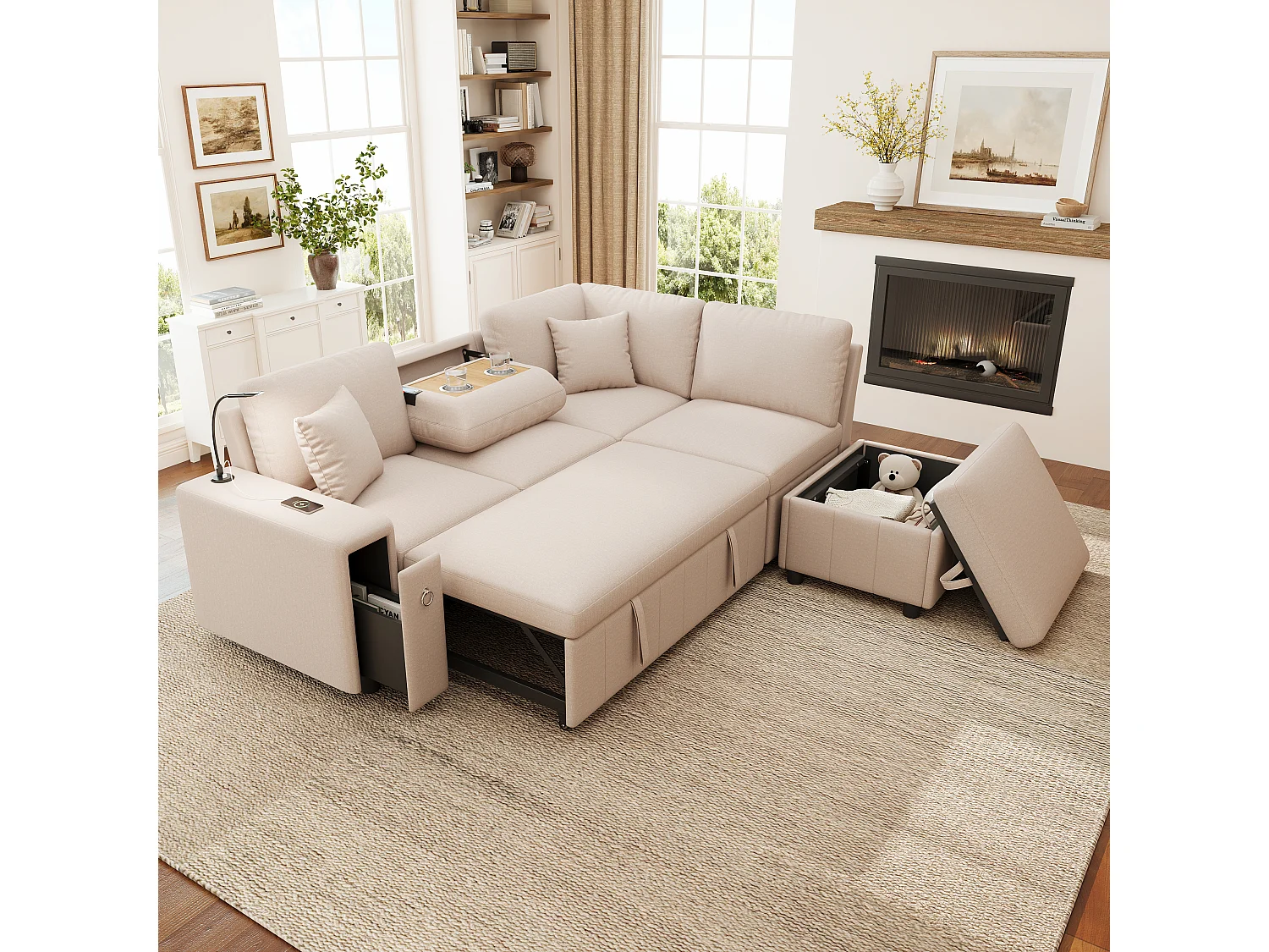 Canapé d’angle 5 places convertible en L, 213 x 184 x 88 cm, canapé-lit, pouf coffre, table pliante, USB-C, liseuse, 2 coussins, lin, Beige