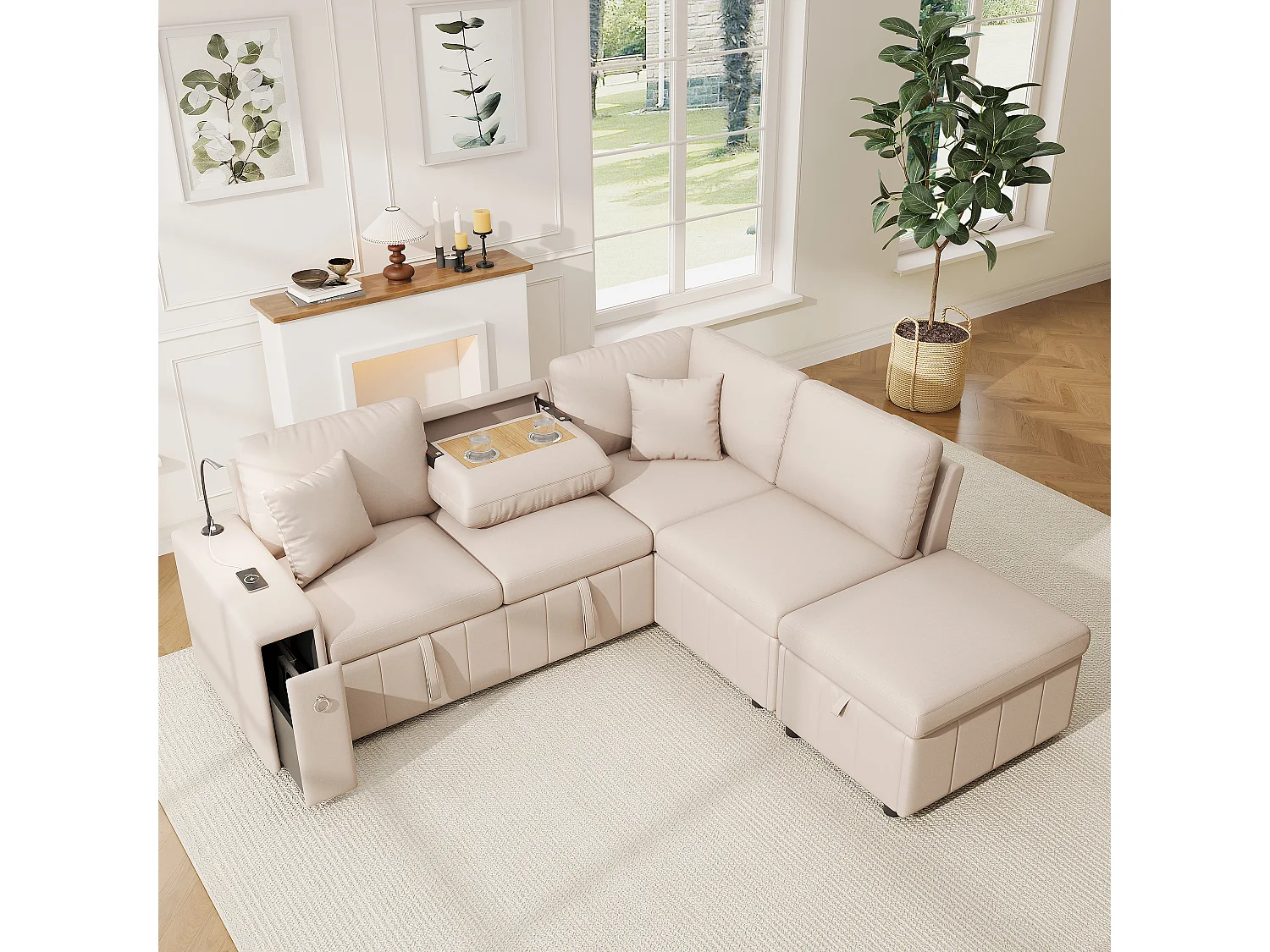 Canapé d’angle 5 places convertible en L, 213 x 184 x 88 cm, canapé-lit, pouf coffre, table pliante, USB-C, liseuse, 2 coussins, lin, Beige