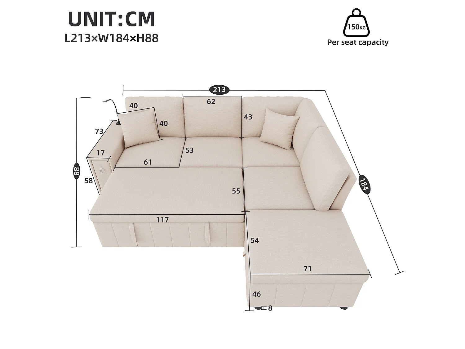 Canapé d’angle 5 places convertible en L, 213 x 184 x 88 cm, canapé-lit, pouf coffre, table pliante, USB-C, liseuse, 2 coussins, lin, Beige