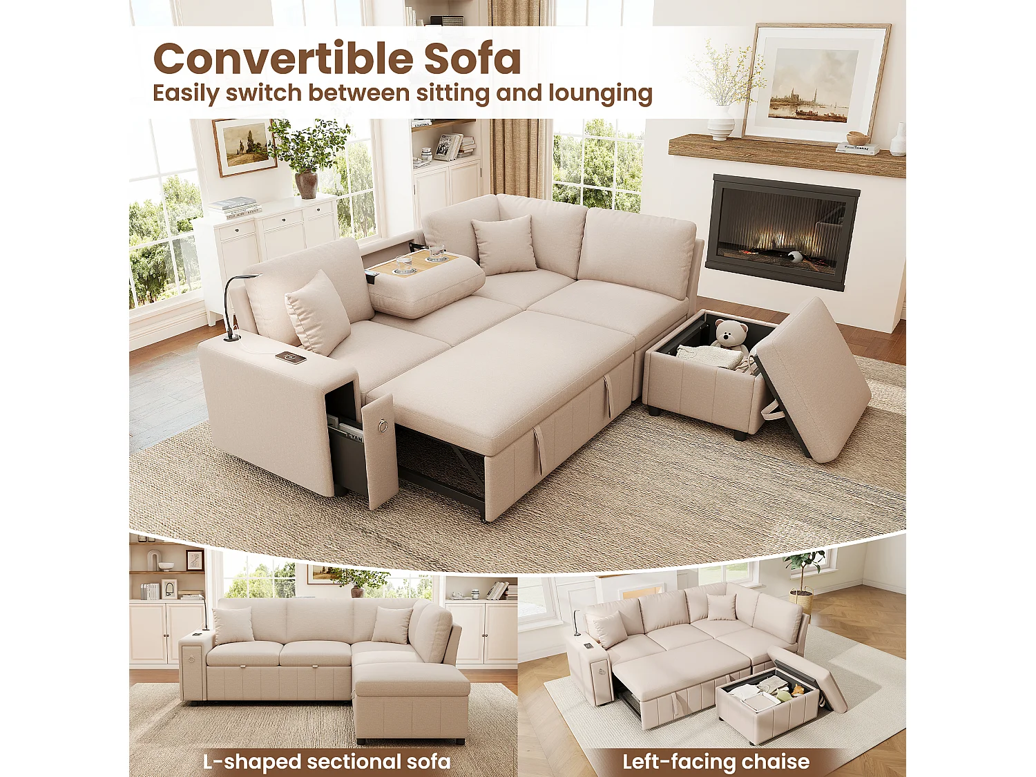 Canapé d’angle 5 places convertible en L, 213 x 184 x 88 cm, canapé-lit, pouf coffre, table pliante, USB-C, liseuse, 2 coussins, lin, Beige