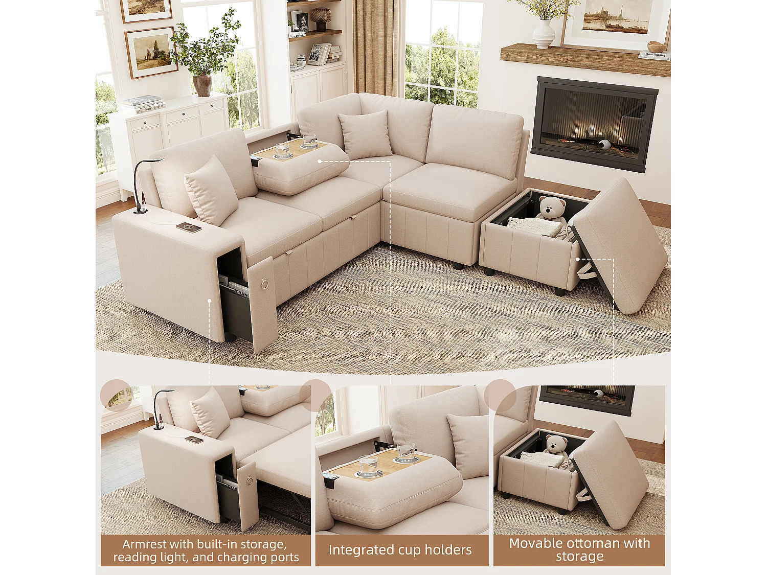 Canapé d’angle 5 places convertible en L, 213 x 184 x 88 cm, canapé-lit, pouf coffre, table pliante, USB-C, liseuse, 2 coussins, lin, Beige