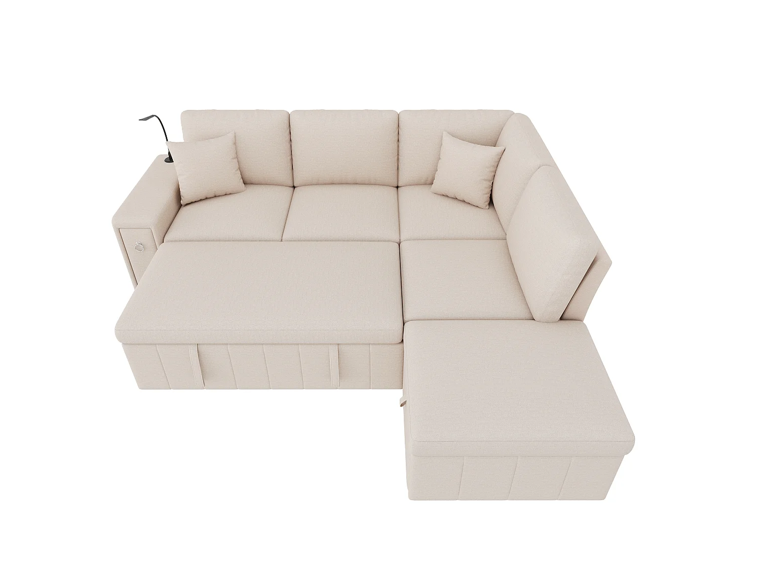 Canapé d’angle 5 places convertible en L, 213 x 184 x 88 cm, canapé-lit, pouf coffre, table pliante, USB-C, liseuse, 2 coussins, lin, Beige