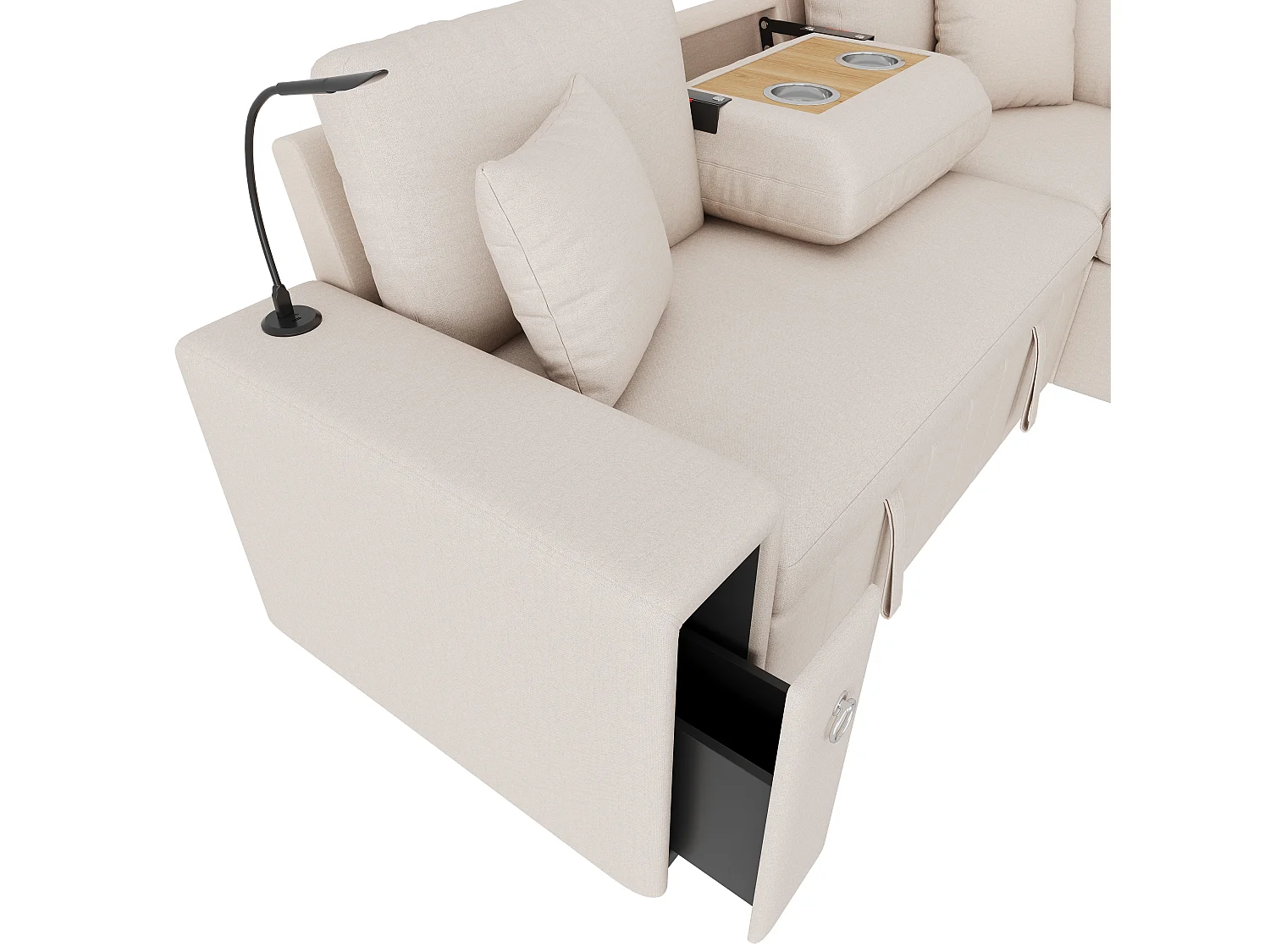 Canapé d’angle 5 places convertible en L, 213 x 184 x 88 cm, canapé-lit, pouf coffre, table pliante, USB-C, liseuse, 2 coussins, lin, Beige