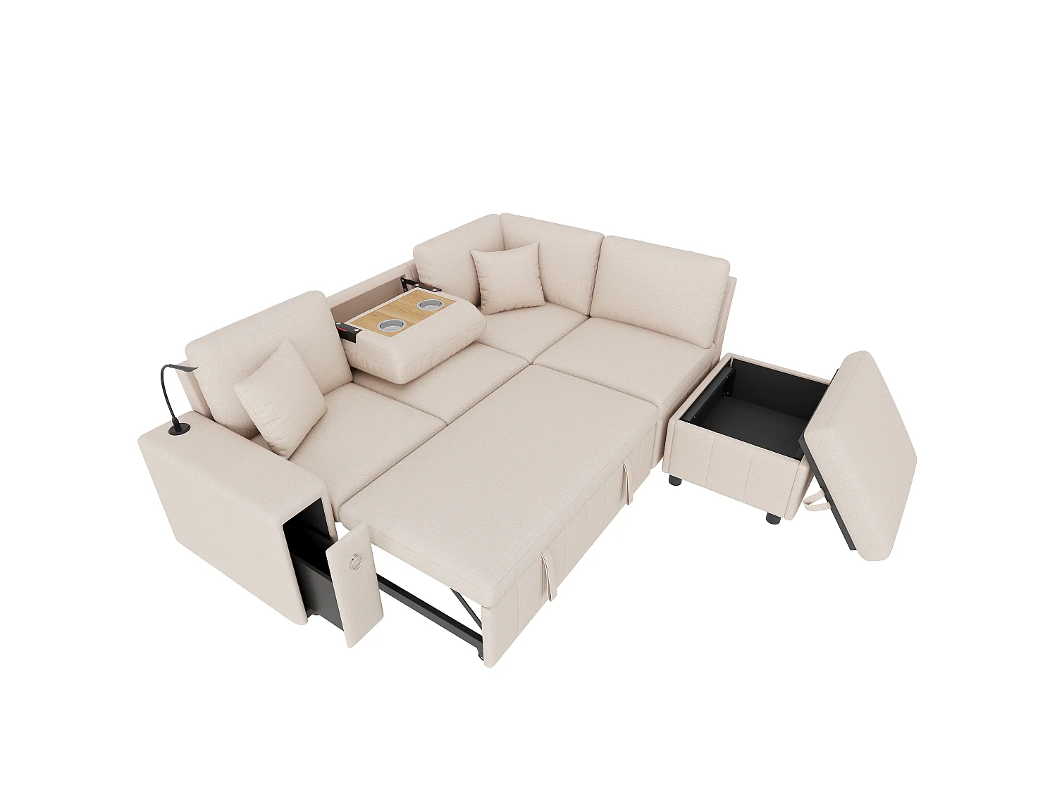 Canapé d’angle 5 places convertible en L, 213 x 184 x 88 cm, canapé-lit, pouf coffre, table pliante, USB-C, liseuse, 2 coussins, lin, Beige