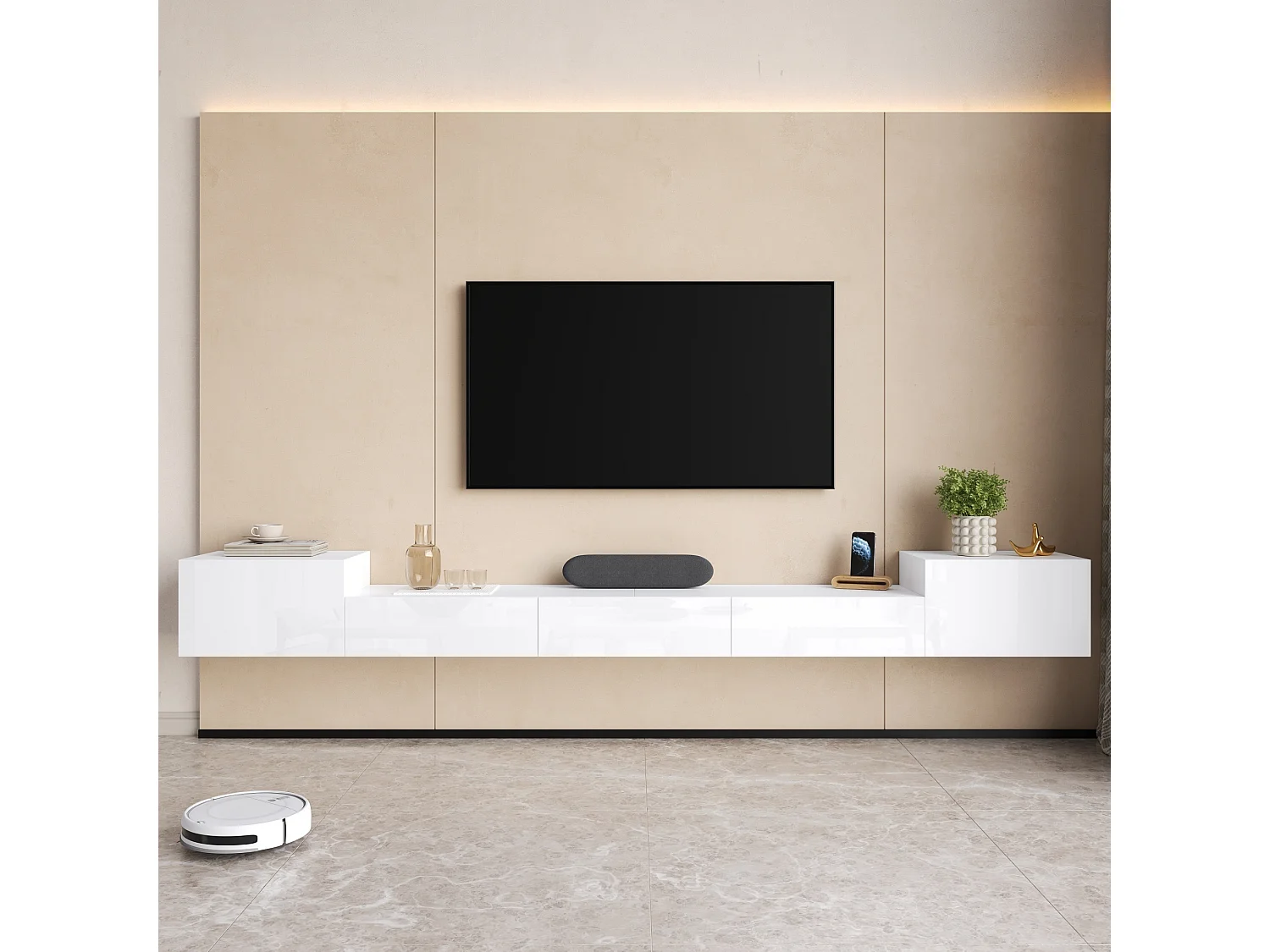 Meuble TV Suspendu 245 x 30 x 26 cm - Portes Brillantes - LED App - Passe-Câbles - panneaux de particules et MDF - Blanc