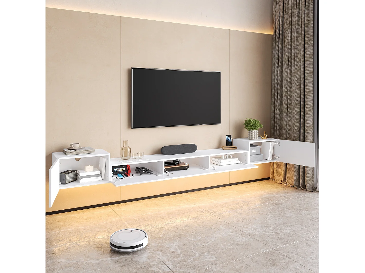 Meuble TV Suspendu 245 x 30 x 26 cm - Portes Brillantes - LED App - Passe-Câbles - panneaux de particules et MDF - Blanc
