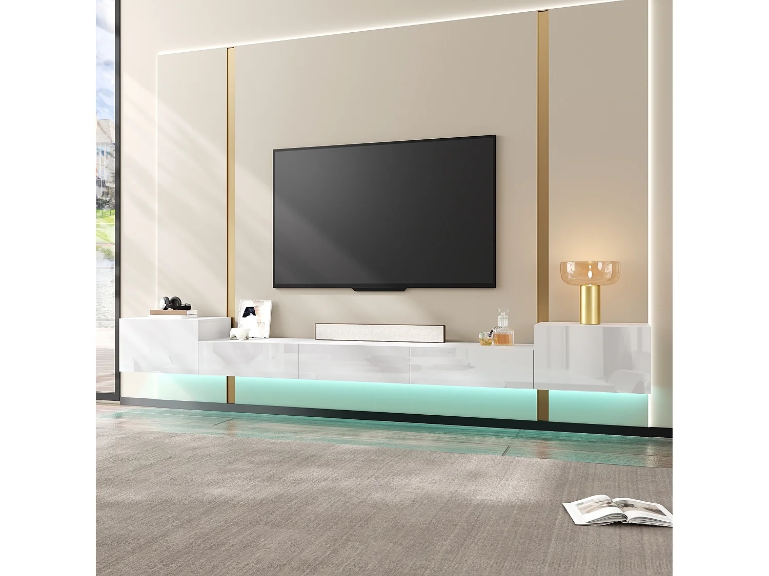 Meuble TV Suspendu 245 x 30 x 26 cm - Portes Brillantes - LED App - Passe-Câbles - panneaux de particules et MDF - Blanc