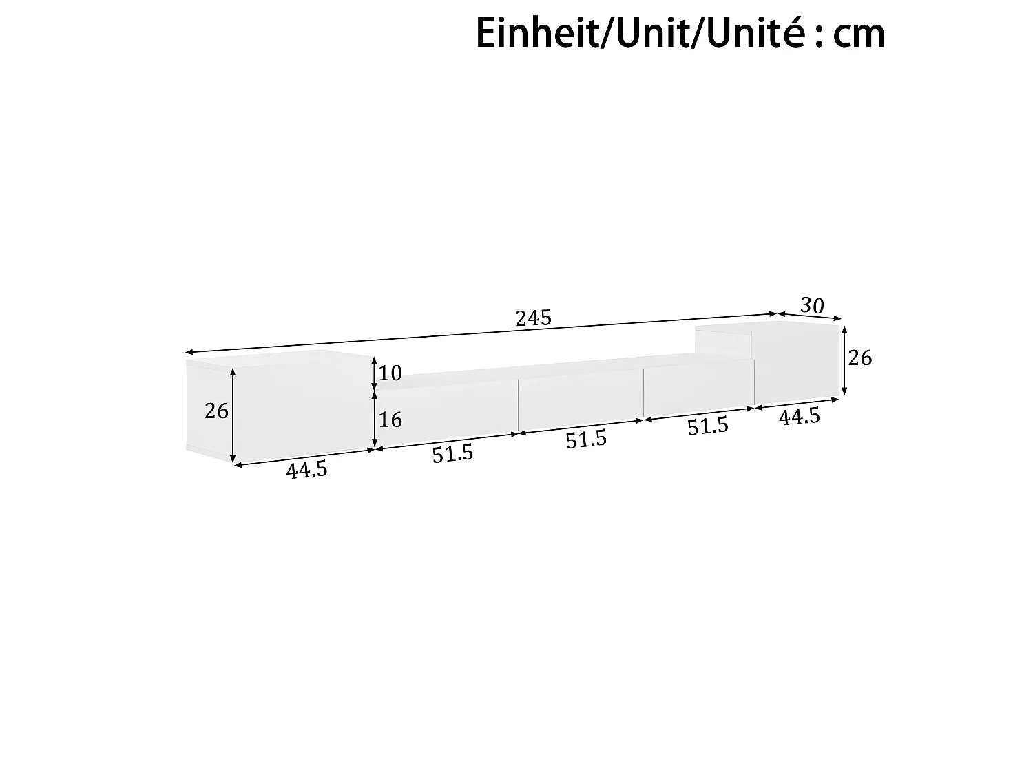 Meuble TV Suspendu 245 x 30 x 26 cm - Portes Brillantes - LED App - Passe-Câbles - panneaux de particules et MDF - Blanc