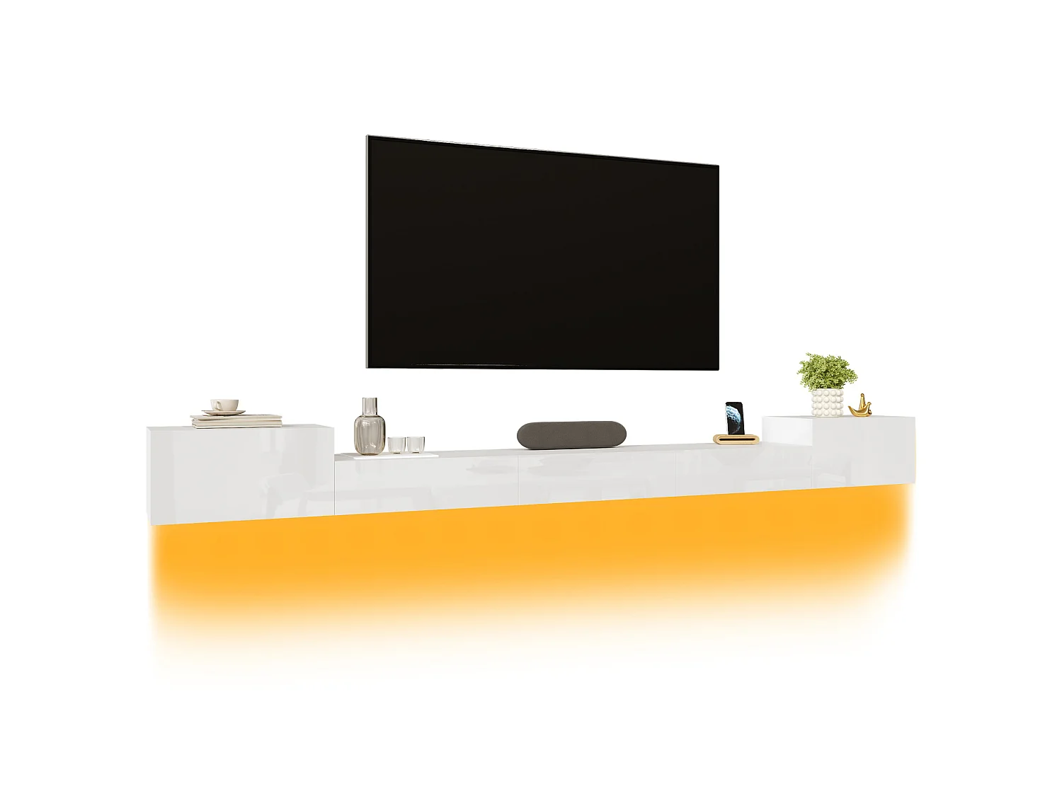 Meuble TV Suspendu 245 x 30 x 26 cm - Portes Brillantes - LED App - Passe-Câbles - panneaux de particules et MDF - Blanc