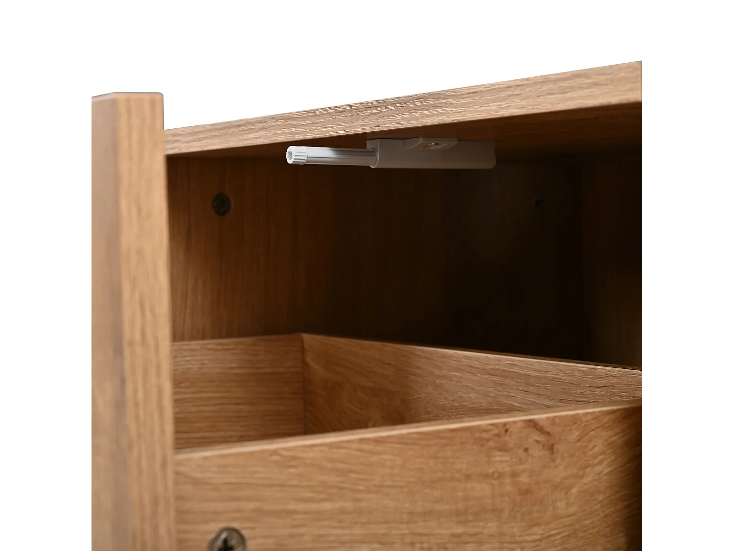 Meuble TV 180 x 40 x 44,5 cm - 2 tiroirs, 2 portes coulissantes, LED via application, style arrondi, finition naturelle, MDF
