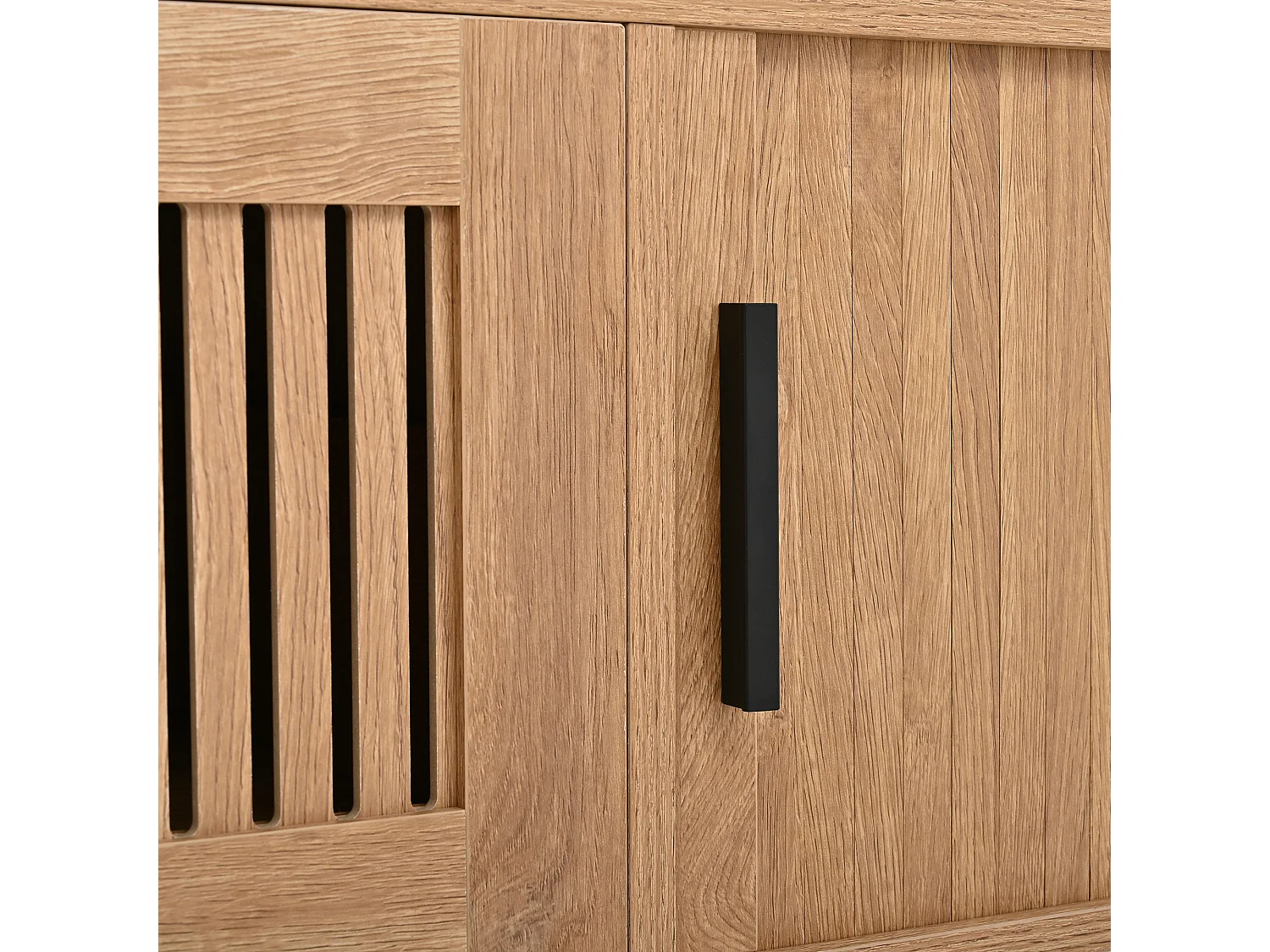 Meuble TV 180 x 40 x 44,5 cm - 2 tiroirs, 2 portes coulissantes, LED via application, style arrondi, finition naturelle, MDF