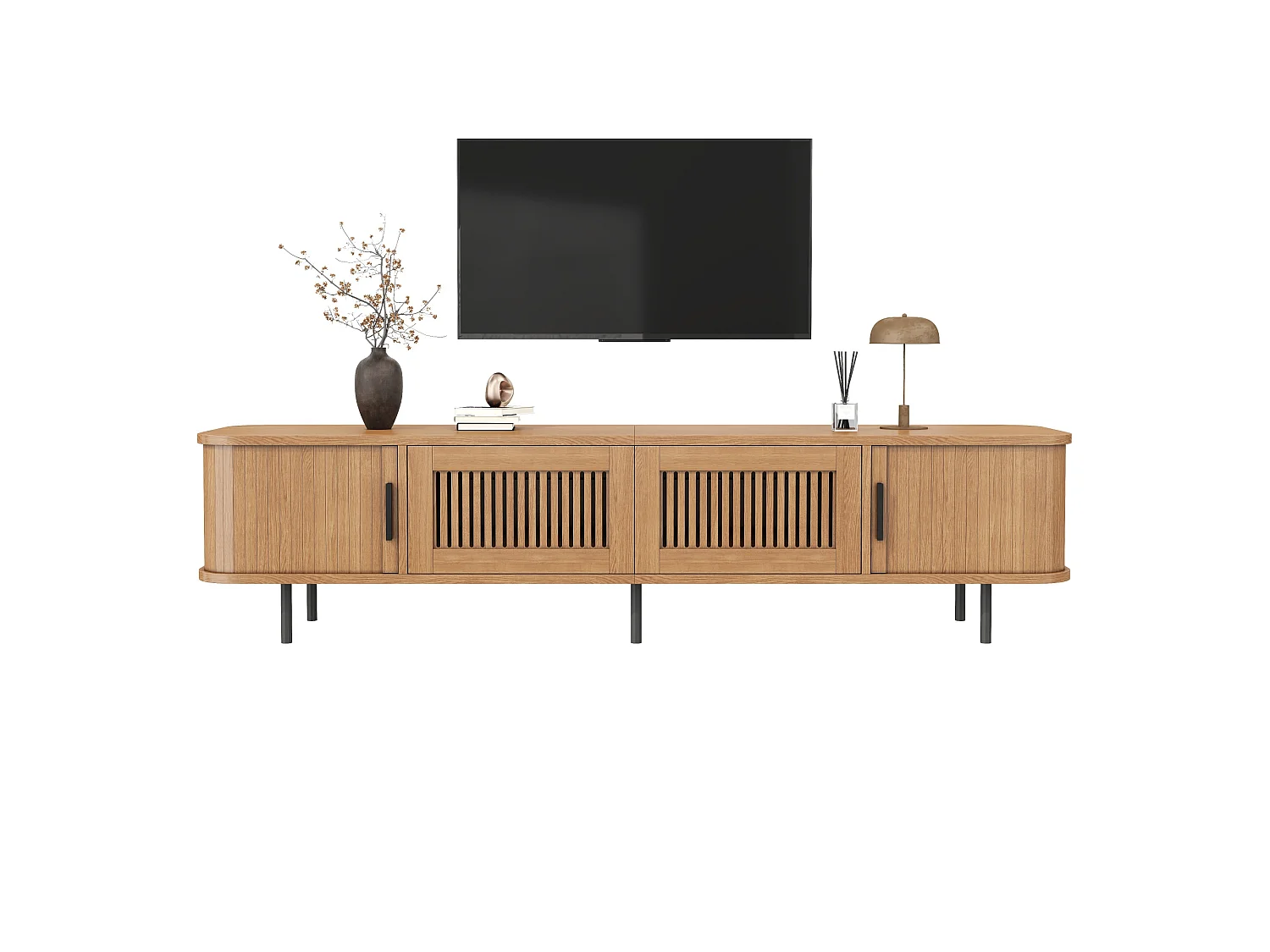 Meuble TV 180 x 40 x 44,5 cm - 2 tiroirs, 2 portes coulissantes, LED via application, style arrondi, finition naturelle, MDF