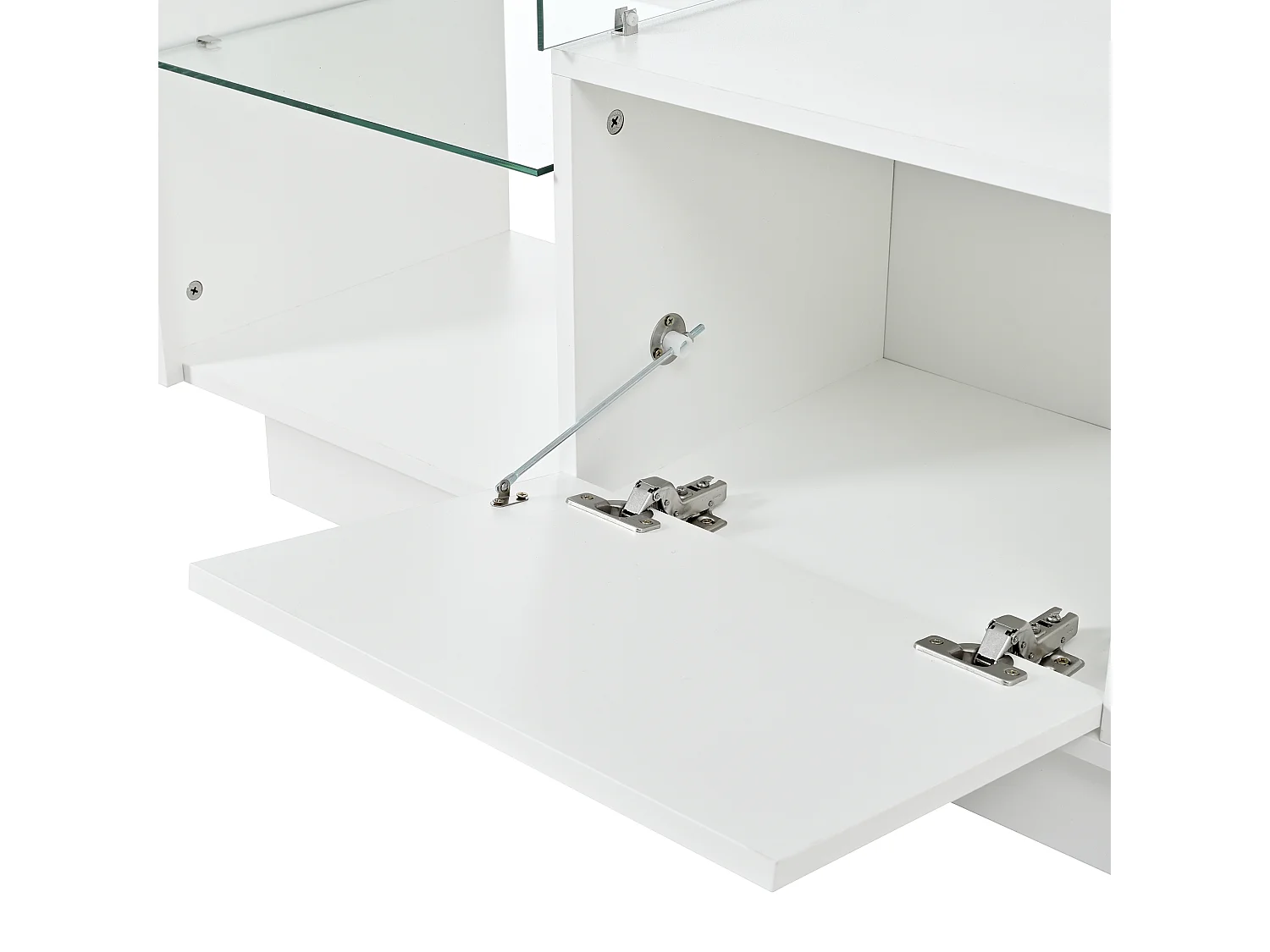 Meuble TV 200x38x55 cm, LED, finition brillante, 3 portes, étagères en verre, rangement salon, blanc, panneaux de particules