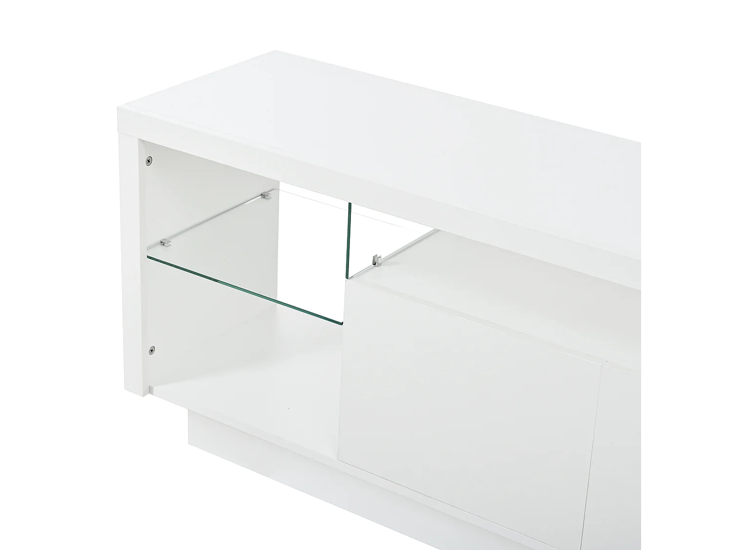 Meuble TV 200x38x55 cm, LED, finition brillante, 3 portes, étagères en verre, rangement salon, blanc, panneaux de particules