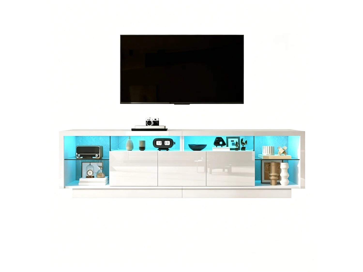Meuble TV 200x38x55 cm, LED, finition brillante, 3 portes, étagères en verre, rangement salon, blanc, panneaux de particules