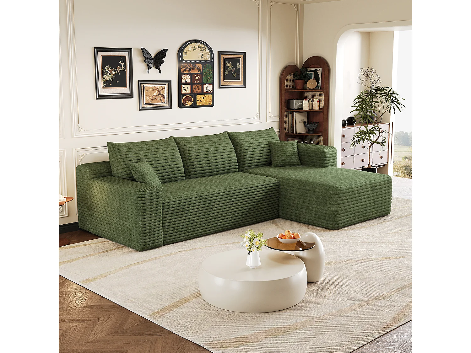 Canapé d'angle en L 241x151x58 cm,design nuage, prêt à l'emploi sans montage, Velours côtelé, Vert