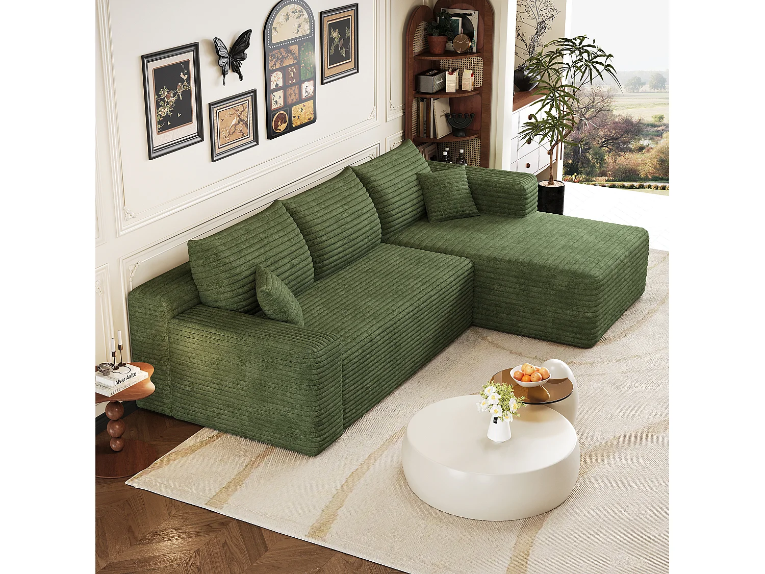 Canapé d'angle en L 241x151x58 cm,design nuage, prêt à l'emploi sans montage, Velours côtelé, Vert