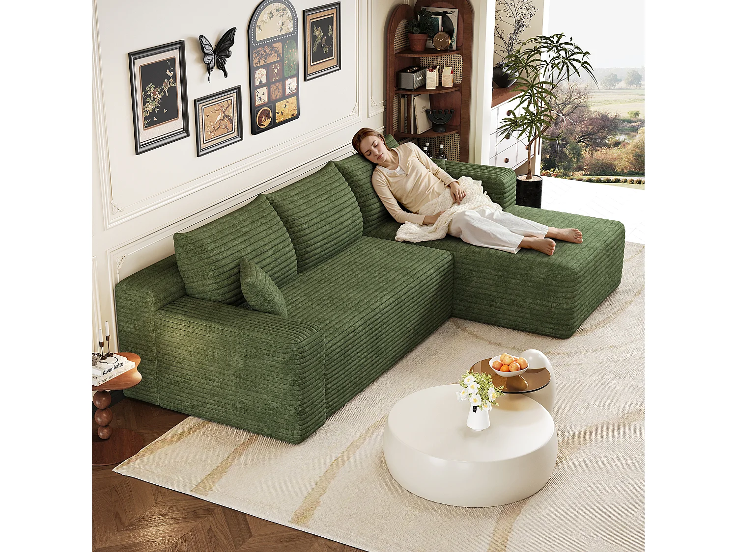 Canapé d'angle en L 241x151x58 cm,design nuage, prêt à l'emploi sans montage, Velours côtelé, Vert